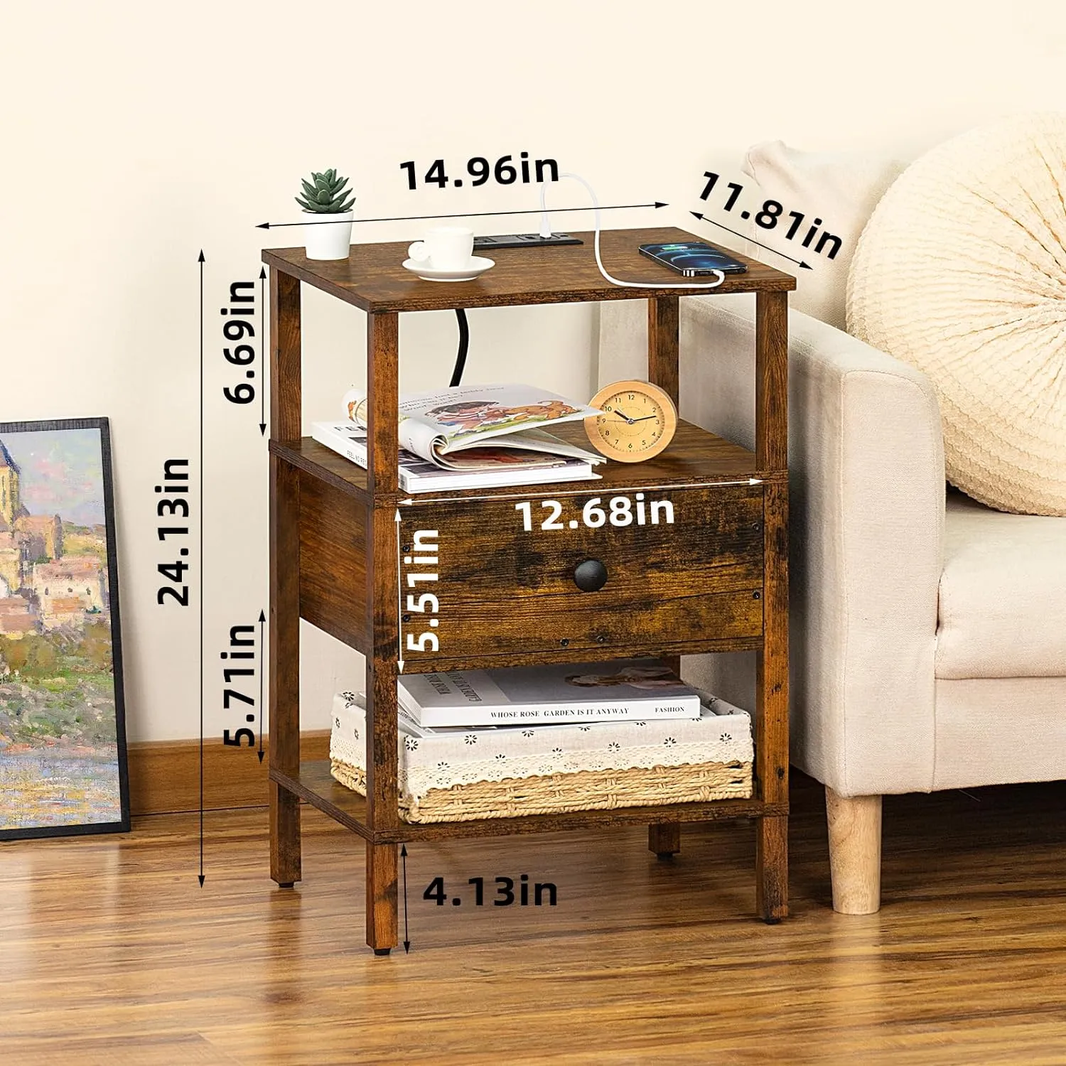 Lerliuo Nightstand with Charging Station and USB Ports, 3-Tier Storage End Table with Drawer Shelf, Night Stand for Small Spaces, Wood Bedside Table for Living Room, Bedroom - Retro Brown…