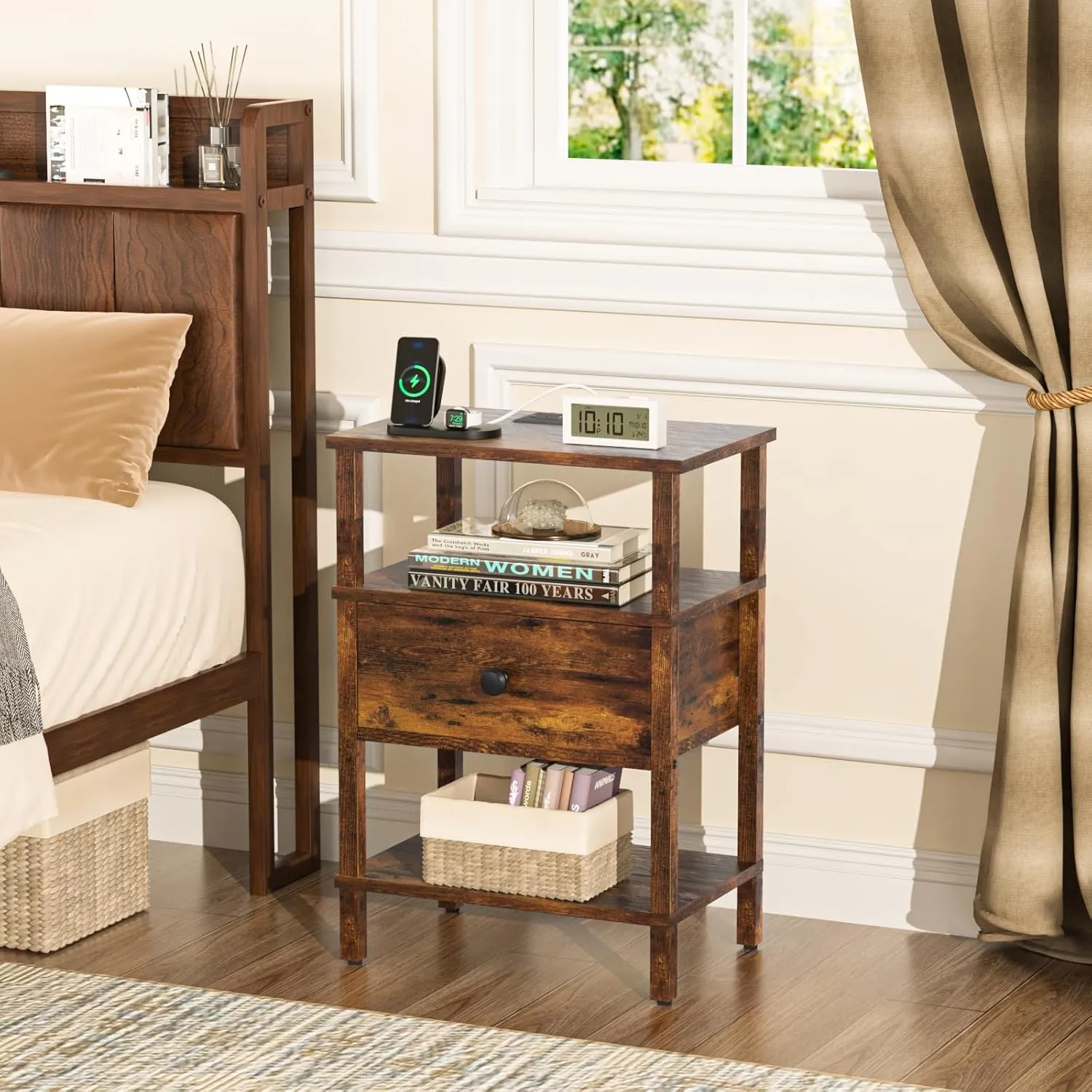 Lerliuo Nightstand with Charging Station and USB Ports, 3-Tier Storage End Table with Drawer Shelf, Night Stand for Small Spaces, Wood Bedside Table for Living Room, Bedroom - Retro Brown…