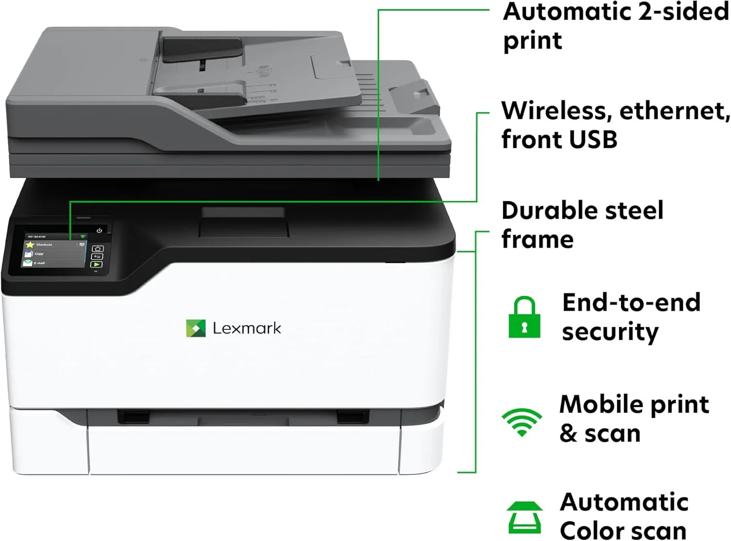 Lexmark CX331adwe Color All-in-One Laser Printer with Touchscreen, Office Scanner Copier Laser, Mobile Ready, Auto Duplex Printing & Analog Fax, Wireless, White, 26 ppm Mono/Color, 600 dpi (40N9070)