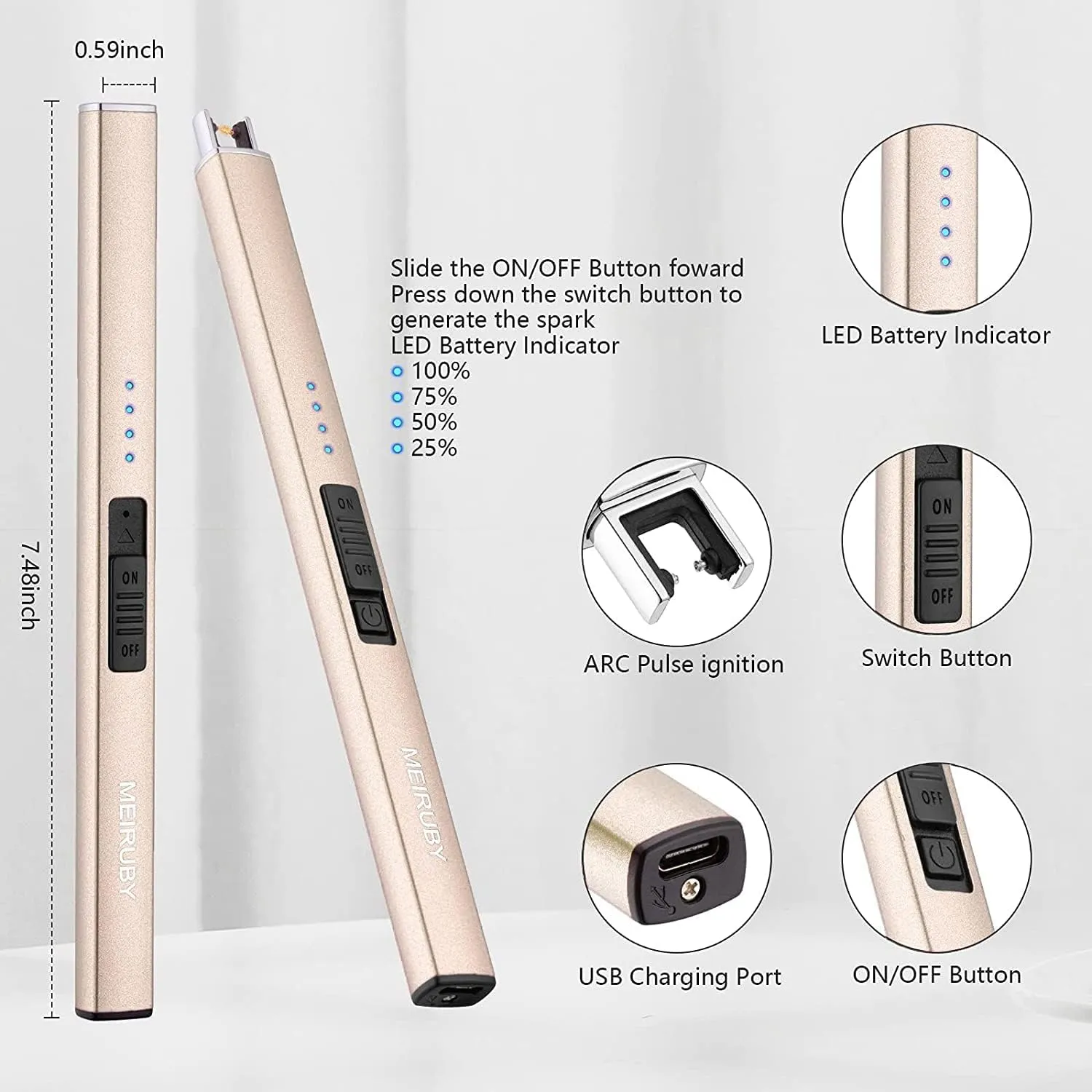 Lighter Electric Candle Lighter Long Electronic Rechargeable USB Arc Windproof Flameless Lighters for Candle Camping BBQ Birthday Women's Day Gifts for Women Mom Wife Men, Gold