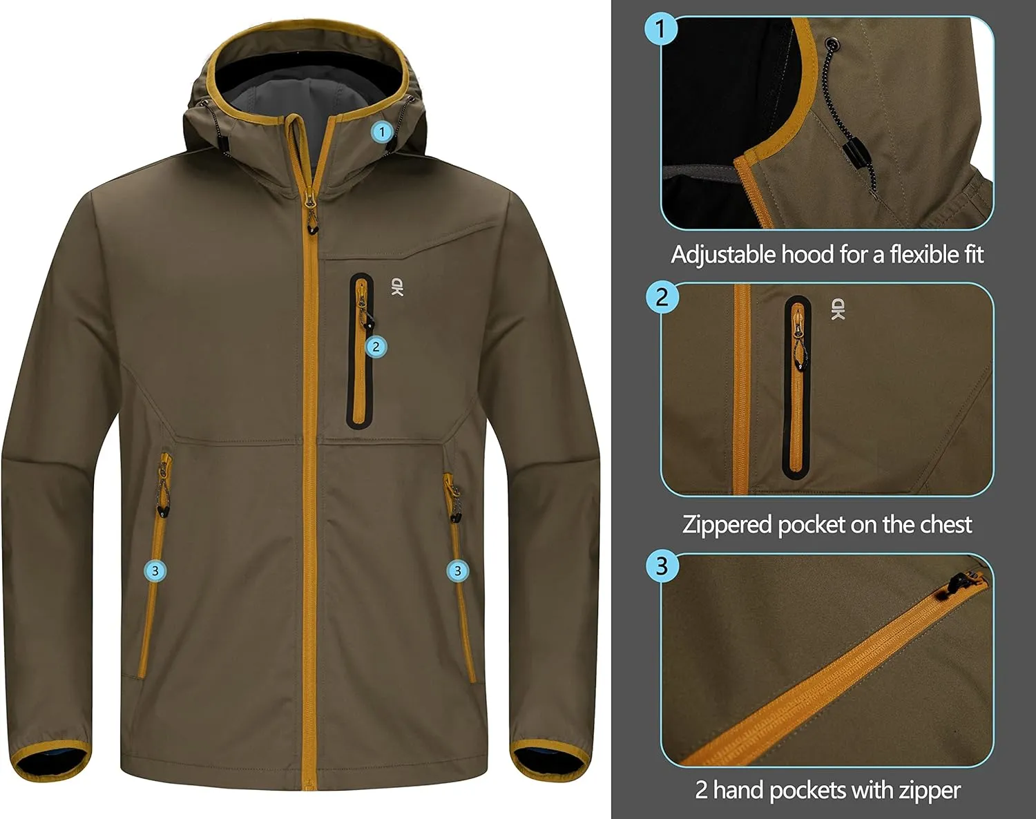 Little Donkey Andy Men's Lightweight Hooded Softshell Jacket for Running Travel Hiking, Windproof Outerwear, Water Repellent