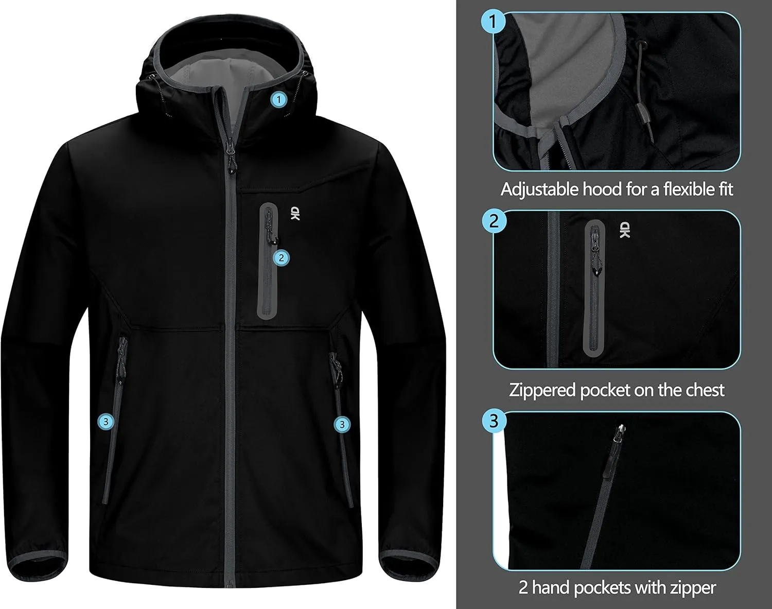 Little Donkey Andy Men's Lightweight Hooded Softshell Jacket for Running Travel Hiking, Windproof Outerwear, Water Repellent