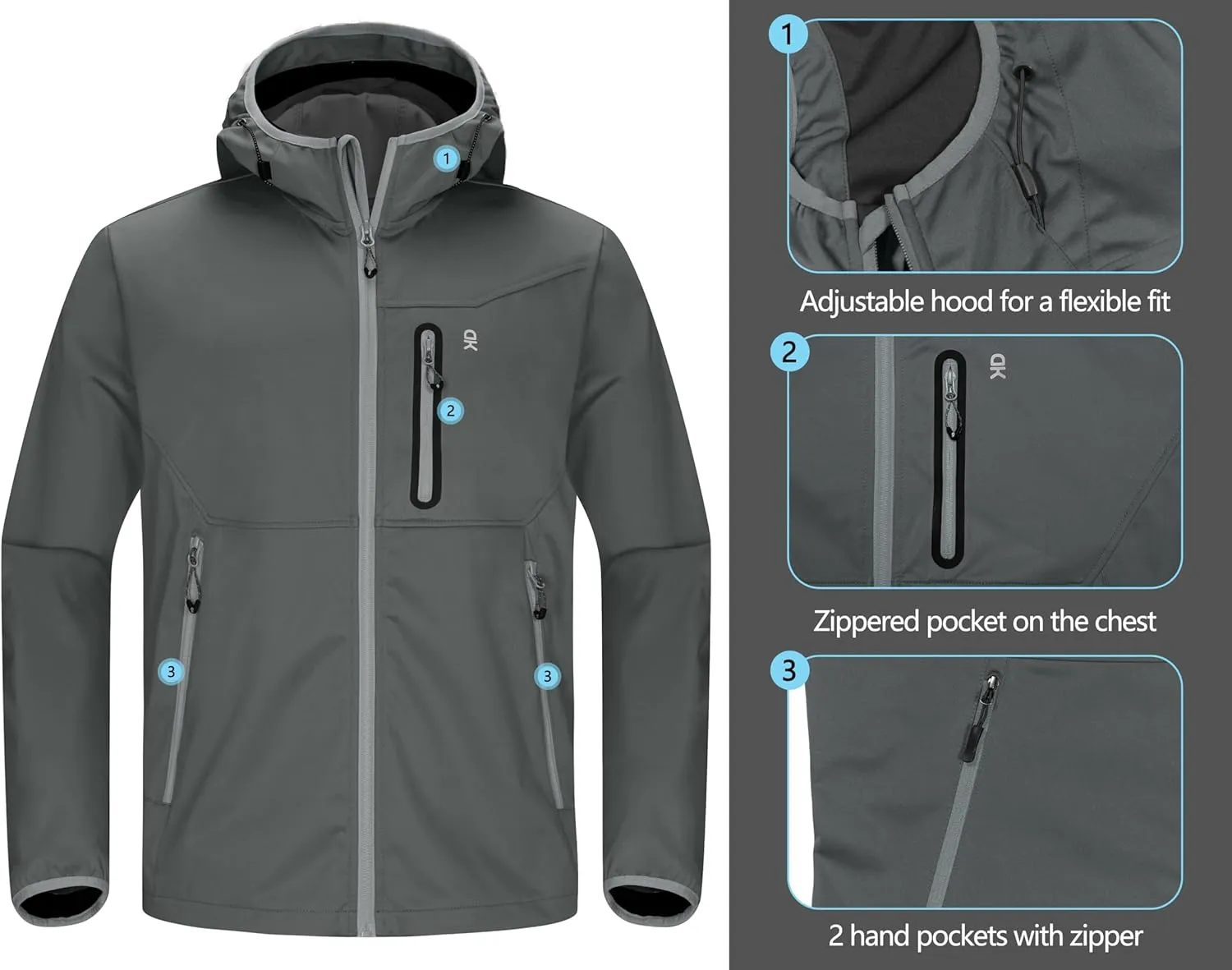 Little Donkey Andy Men's Lightweight Hooded Softshell Jacket for Running Travel Hiking, Windproof Outerwear, Water Repellent