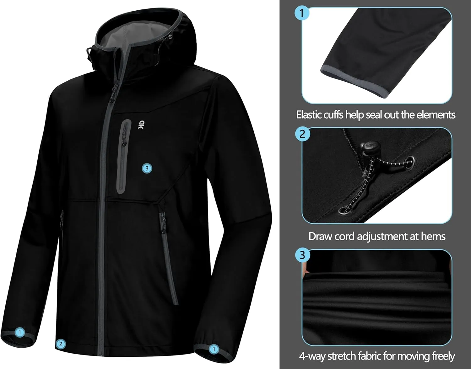 Little Donkey Andy Men's Lightweight Hooded Softshell Jacket for Running Travel Hiking, Windproof Outerwear, Water Repellent