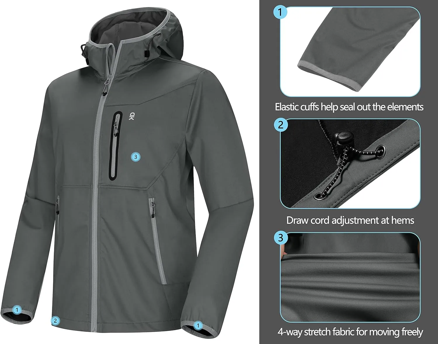 Little Donkey Andy Men's Lightweight Hooded Softshell Jacket for Running Travel Hiking, Windproof Outerwear, Water Repellent