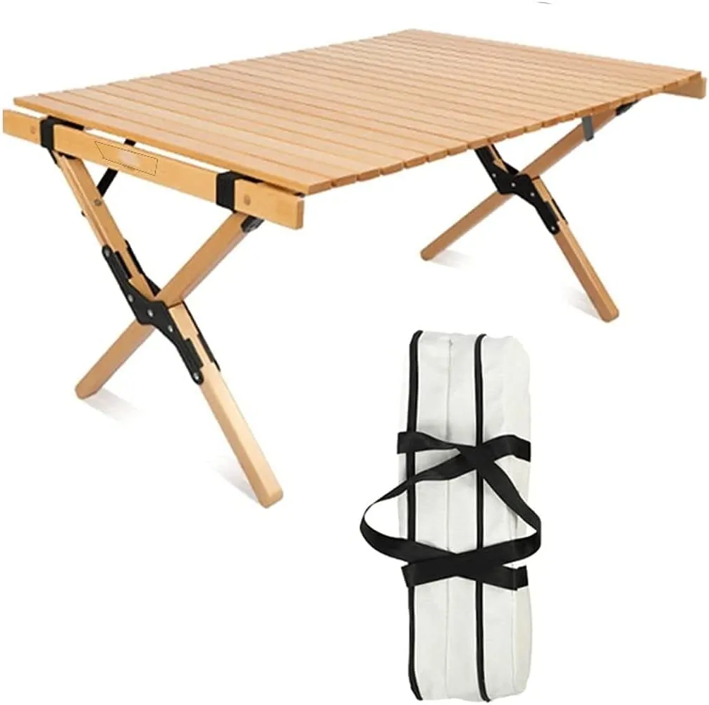 LJYT Portable Camping Folding Table, Ultralight Roll Up Top Wooden Table, Compact Collapsible with Carry Bag, for Outdoor Cooking, Picnic, Hiking, Beach, BBQ, Fishing