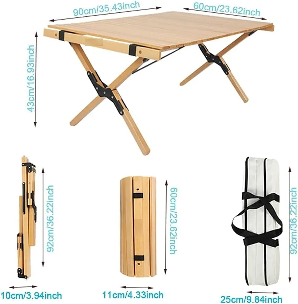 LJYT Portable Camping Folding Table, Ultralight Roll Up Top Wooden Table, Compact Collapsible with Carry Bag, for Outdoor Cooking, Picnic, Hiking, Beach, BBQ, Fishing