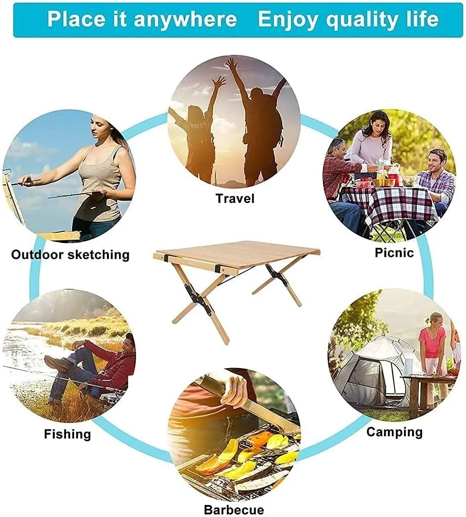 LJYT Portable Camping Folding Table, Ultralight Roll Up Top Wooden Table, Compact Collapsible with Carry Bag, for Outdoor Cooking, Picnic, Hiking, Beach, BBQ, Fishing