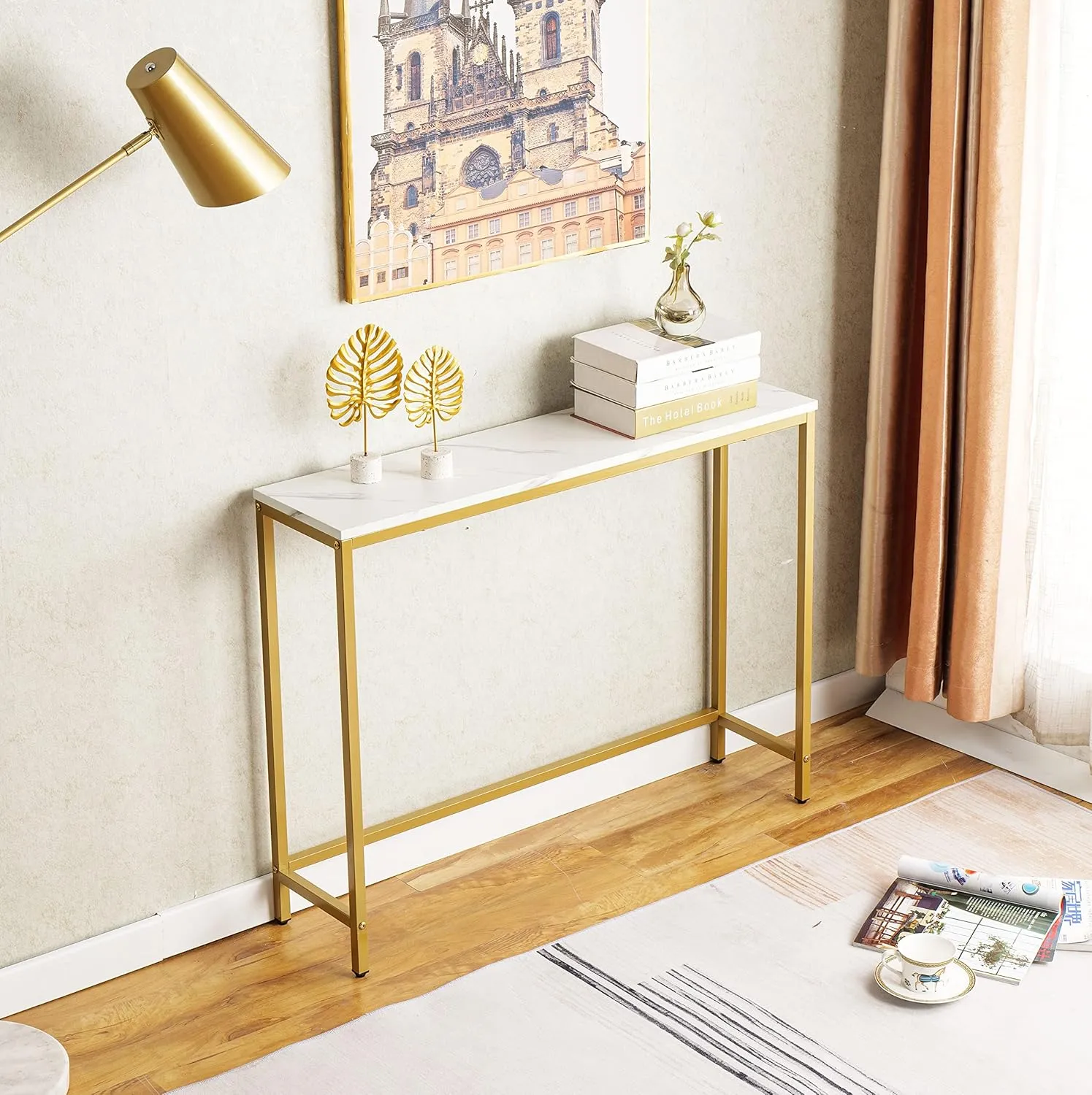 loglus Console Table for Entryway, Faux Marble MDF Sofa Table with Golden Frame (Single Layer, White Marble)