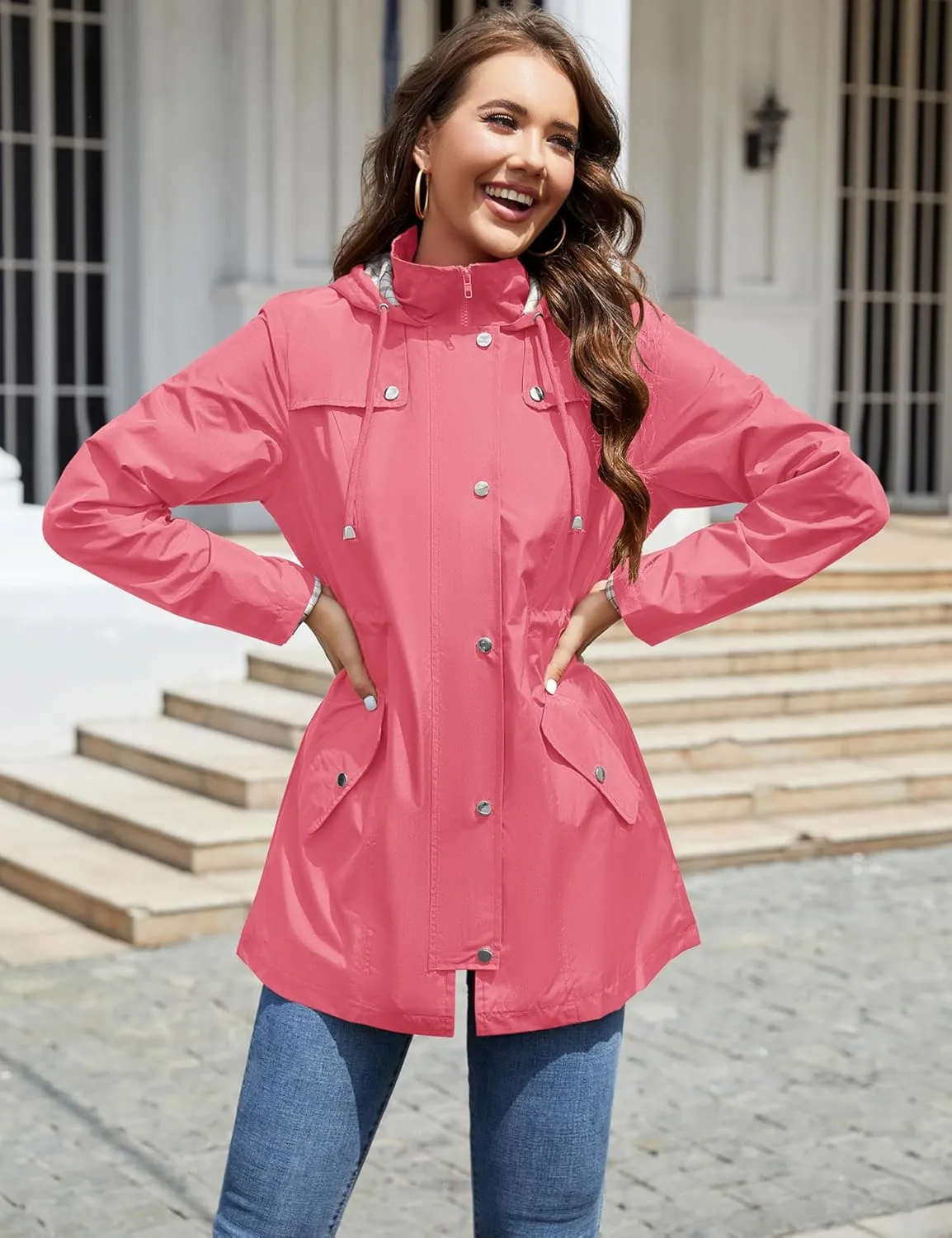 LOMON Women Waterproof Outdoor Hiking Raincoat Women Lined Rain Jacket Lightweight Hooded Jackets Trench Coats