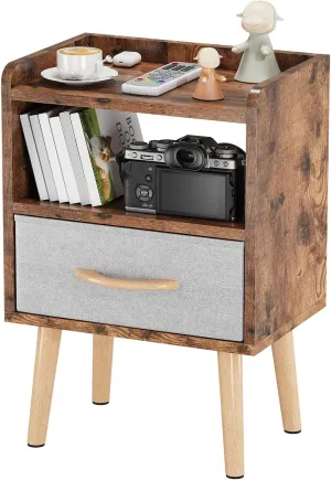 LUCKNOCK Night Stand with Drawer, Mid Century Modern Bedside Table, Sturdy Wood Nightstand with Open Storage Shelf, Small Bedside Table for Bedroom, Kids Room & Small Spaces, Rustic Brown.