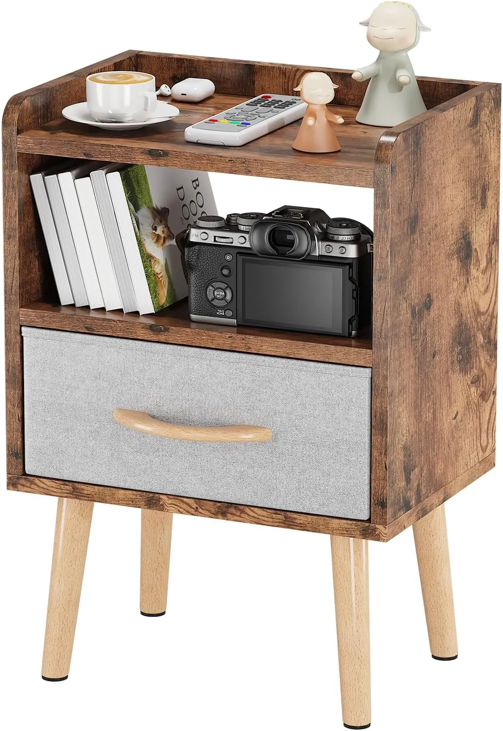 LUCKNOCK Night Stand with Drawer, Mid Century Modern Bedside Table, Sturdy Wood Nightstand with Open Storage Shelf, Small Bedside Table for Bedroom, Kids Room & Small Spaces, Rustic Brown.