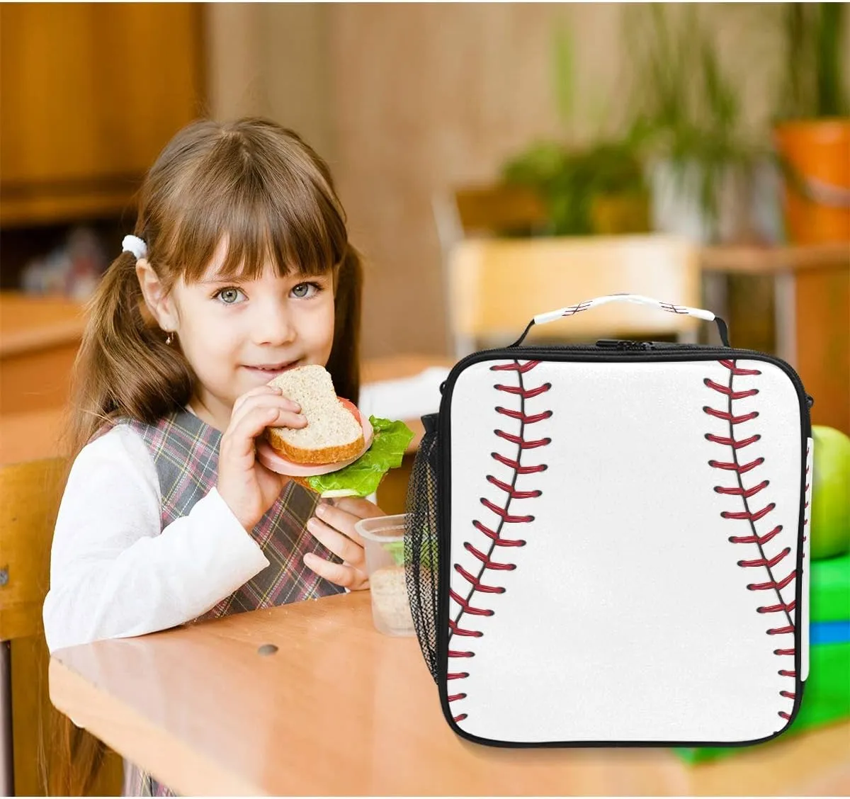 Lunch Box Bag Baseball Lace Sport Lunchbox Insulated Thermal Cooler Ice Adjustable Shoulder Strap for Women Men Boys Girls