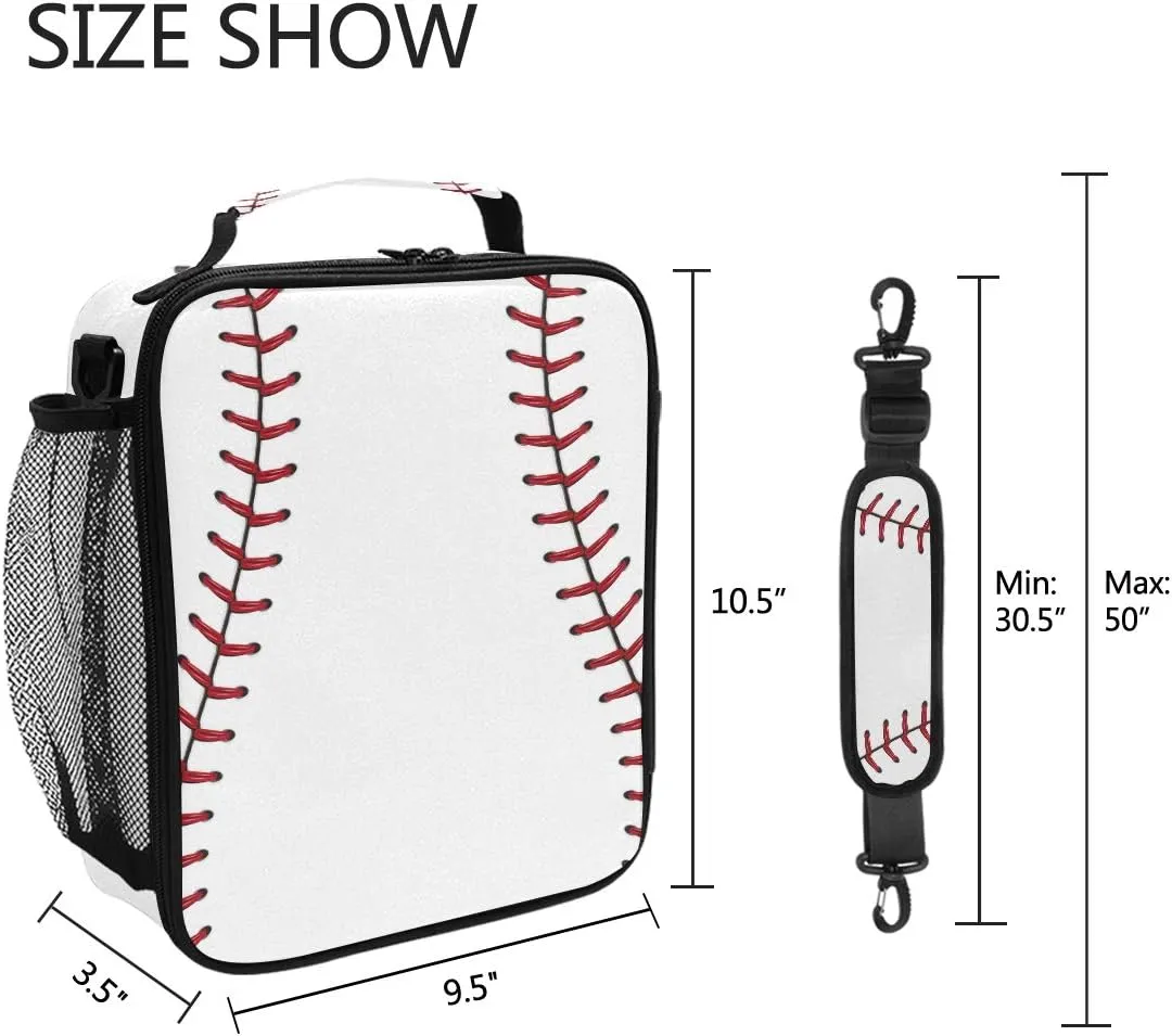 Lunch Box Bag Baseball Lace Sport Lunchbox Insulated Thermal Cooler Ice Adjustable Shoulder Strap for Women Men Boys Girls