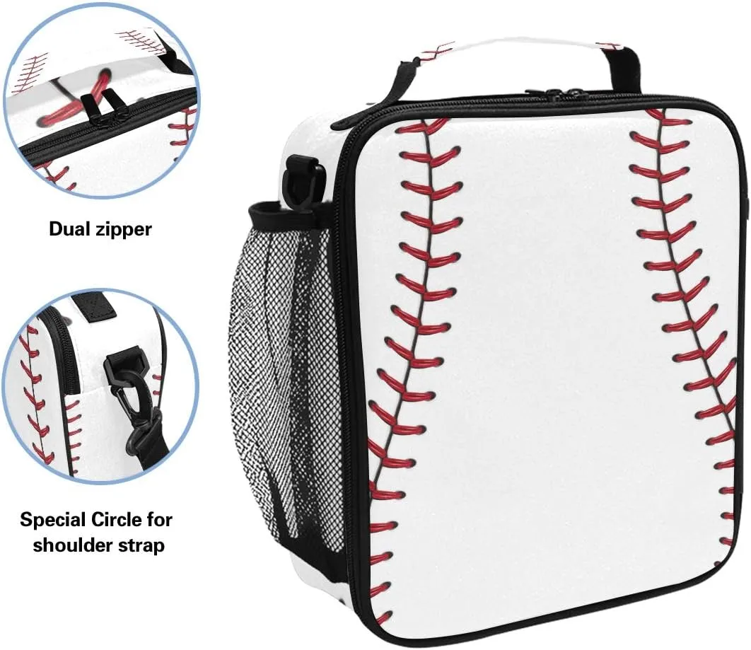 Lunch Box Bag Baseball Lace Sport Lunchbox Insulated Thermal Cooler Ice Adjustable Shoulder Strap for Women Men Boys Girls