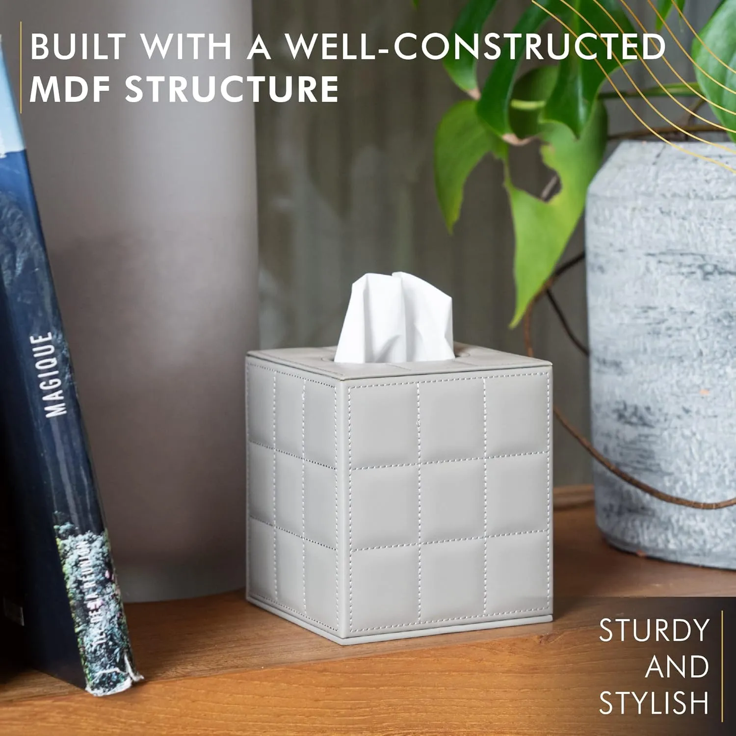 Luxury 5 Star Hotel Style Tissue Box Cover - Sturdy and Stylish Tissue Box Holder with a Custom Height and Modern PU Leather Exterior, 13.5x13.5x15cm - Gray