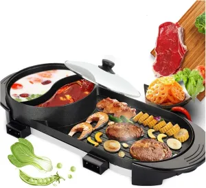 MDybf 2 in 1 Electric Barbecue Hot Pot Double Baking Cooking, Large Capacity Household for 2-12 Persons, Non-Stick Coating and Speedy Heat Up for Family Outdoor Garden Camping Grill BBQ Utensil