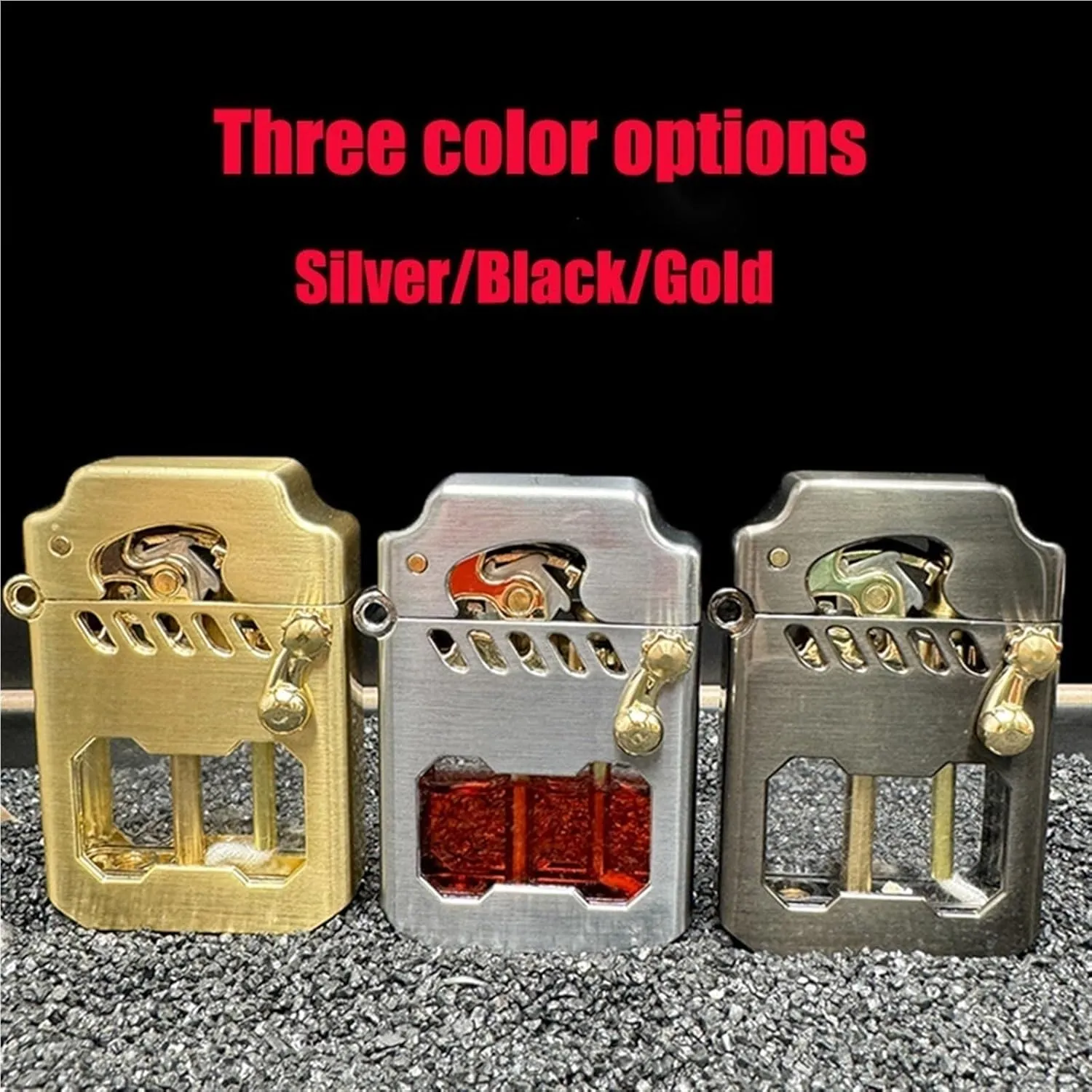 Mecha Metal Rocker Lighter, Retro Metal Kerosene Trench Windproof Lighter, Transparent Oil Can, Suitable for Outdoor, Travel, Camping(Black)