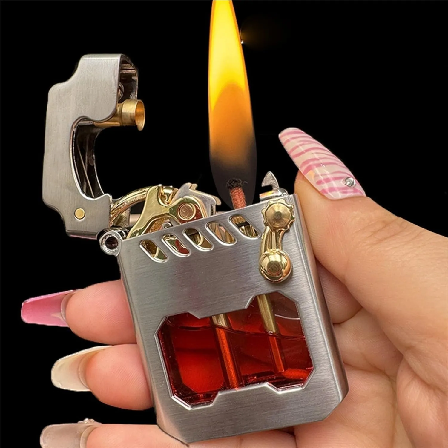 Mecha Metal Rocker Lighter, Retro Metal Kerosene Trench Windproof Lighter, Transparent Oil Can, Suitable for Outdoor, Travel, Camping(Black)