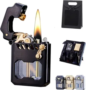 Mecha Metal Rocker Lighter, Retro Metal Kerosene Trench Windproof Lighter, Transparent Oil Can, Suitable for Outdoor, Travel, Camping(Black)