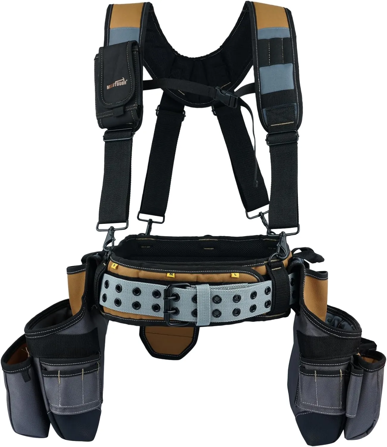MELOTOUGH 28-Pocket Pro Framer's rig Combo Apron Tool Belt and Heavy Duty Padded Suspenders with Magnetic Desinger for Technician/Carpenter/and Electrician's Tools (Khaki)