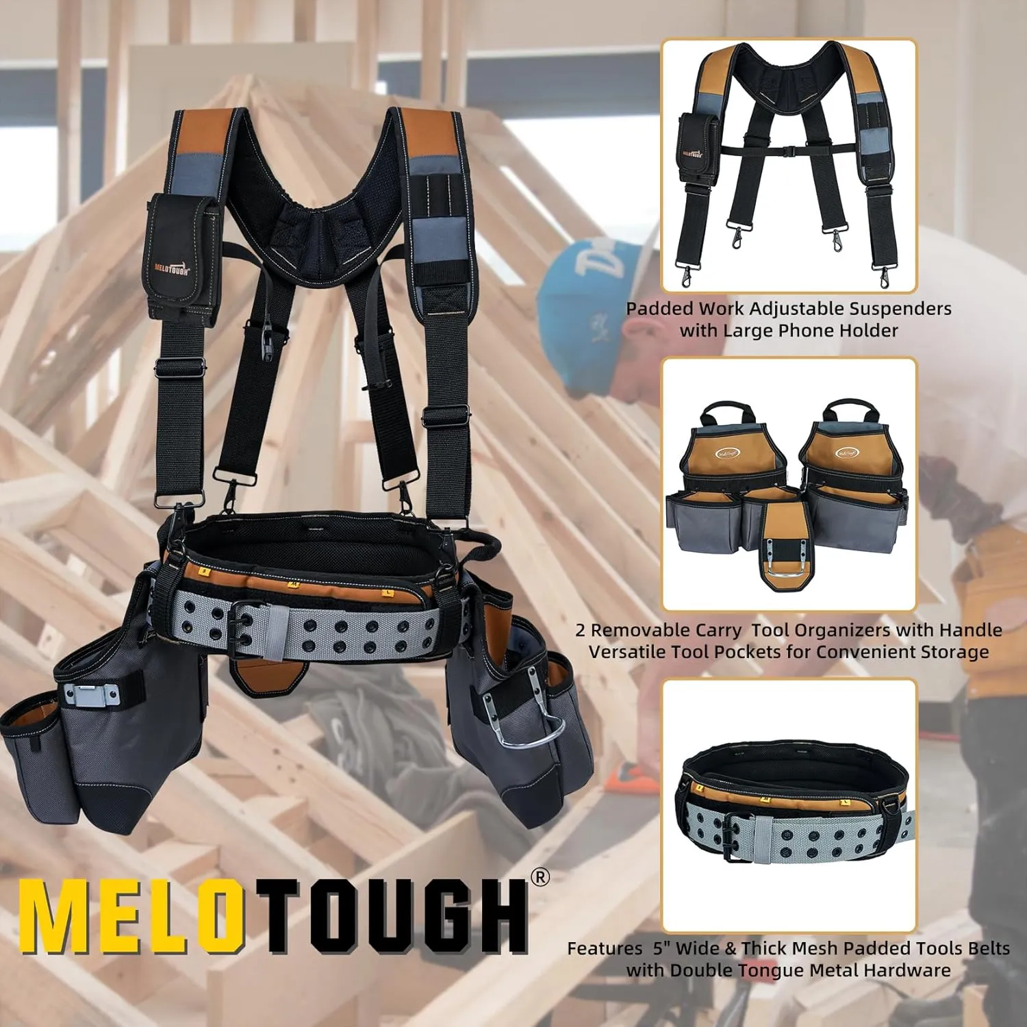 MELOTOUGH 28-Pocket Pro Framer's rig Combo Apron Tool Belt and Heavy Duty Padded Suspenders with Magnetic Desinger for Technician/Carpenter/and Electrician's Tools (Khaki)