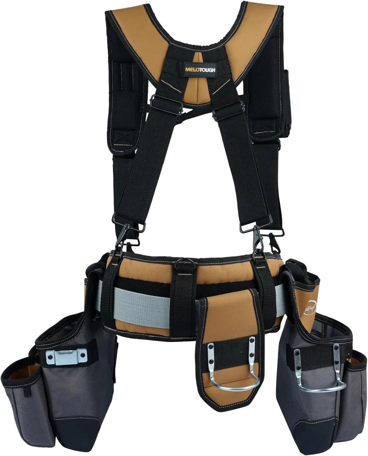 MELOTOUGH 28-Pocket Pro Framer's rig Combo Apron Tool Belt and Heavy Duty Padded Suspenders with Magnetic Desinger for Technician/Carpenter/and Electrician's Tools (Khaki)