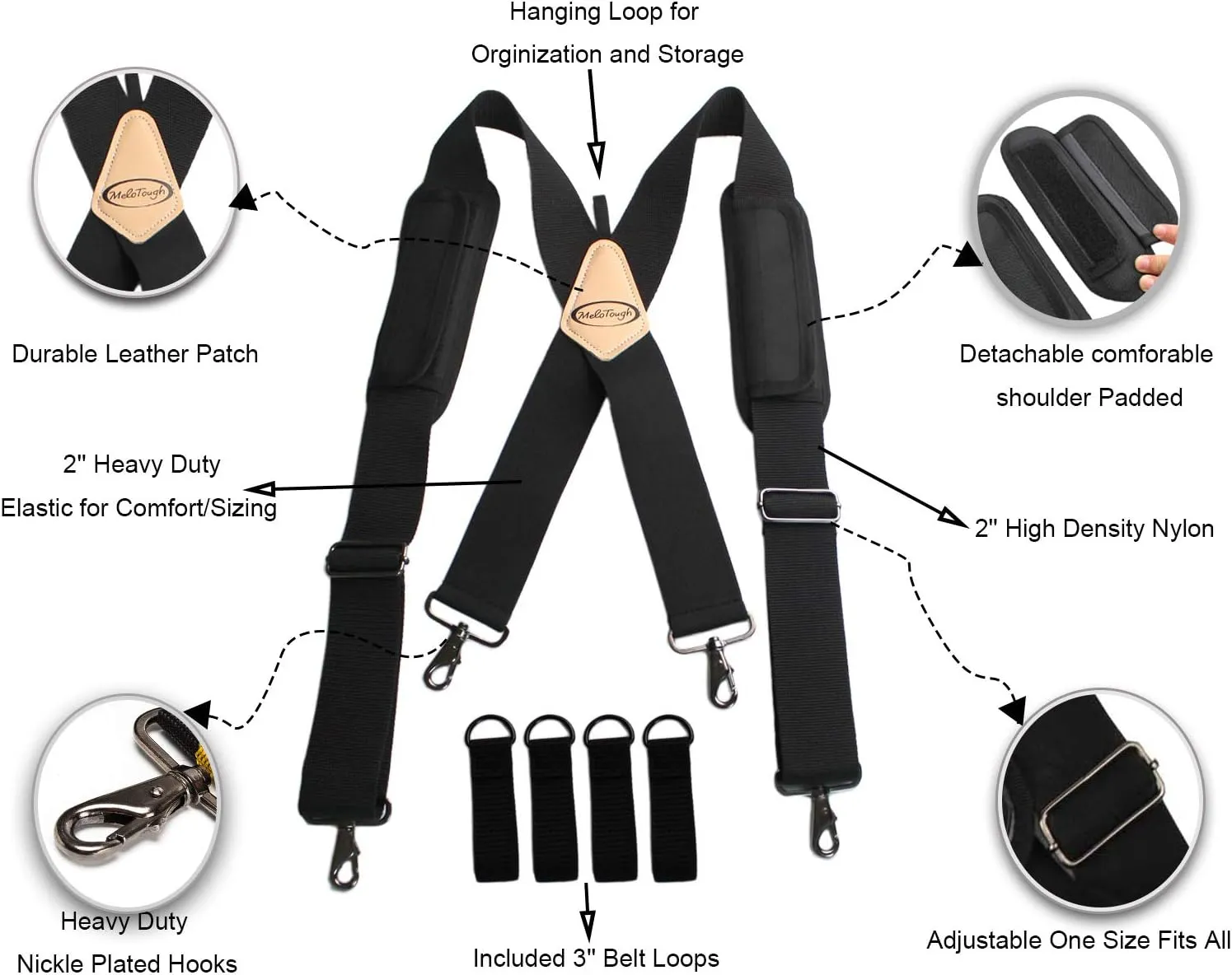 MELOTOUGH Tool Belt Suspenders Work Belt Suspenders Flexible Adjustable Straps with Moveable Padded Shoulders with 4 Loop Attachments