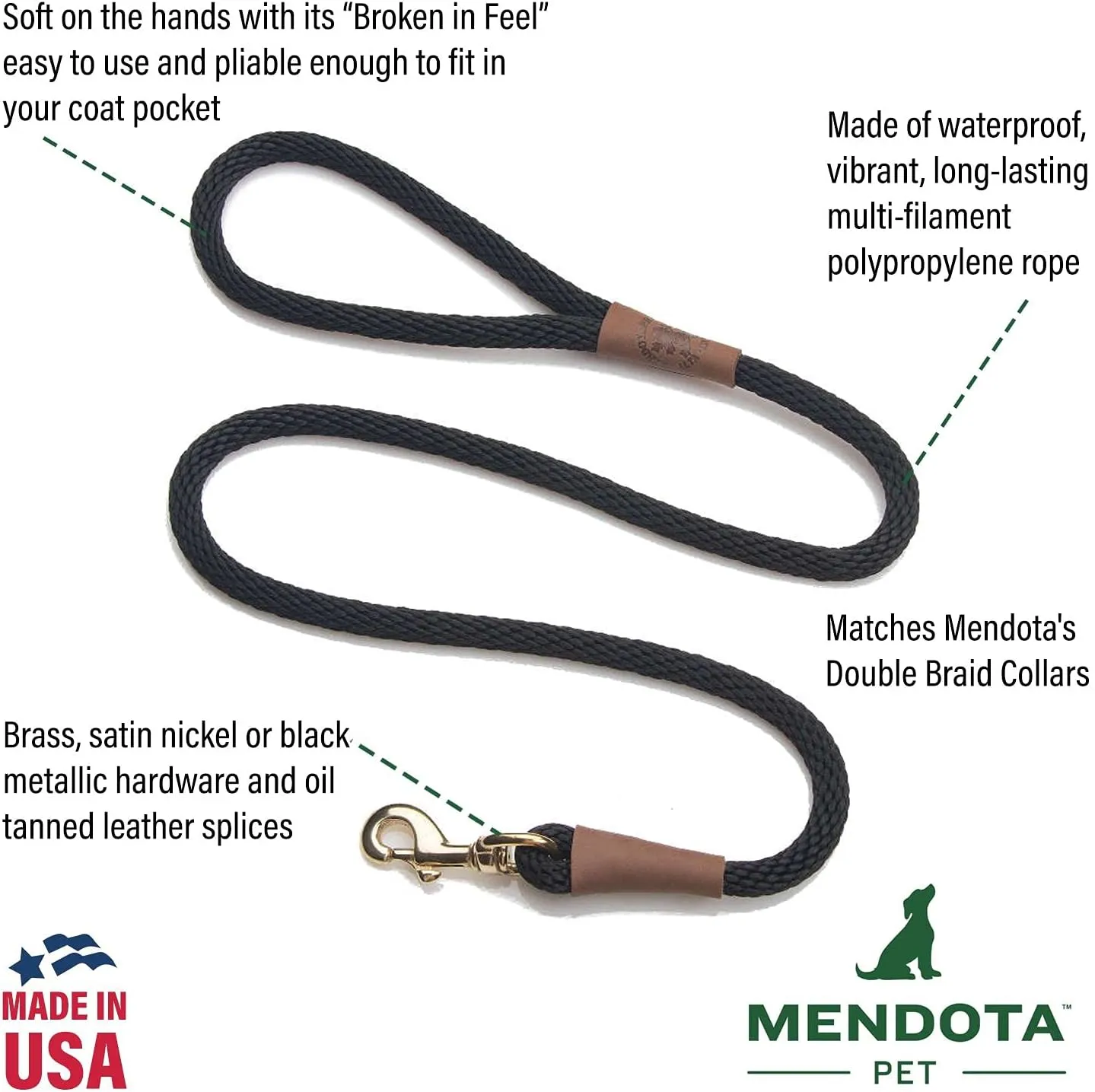 Mendota Pet Snap Leash - British-Style Braided Dog Lead, Made in The USA - Black, 3/8 in x 6 ft - for Small/Medium Breeds