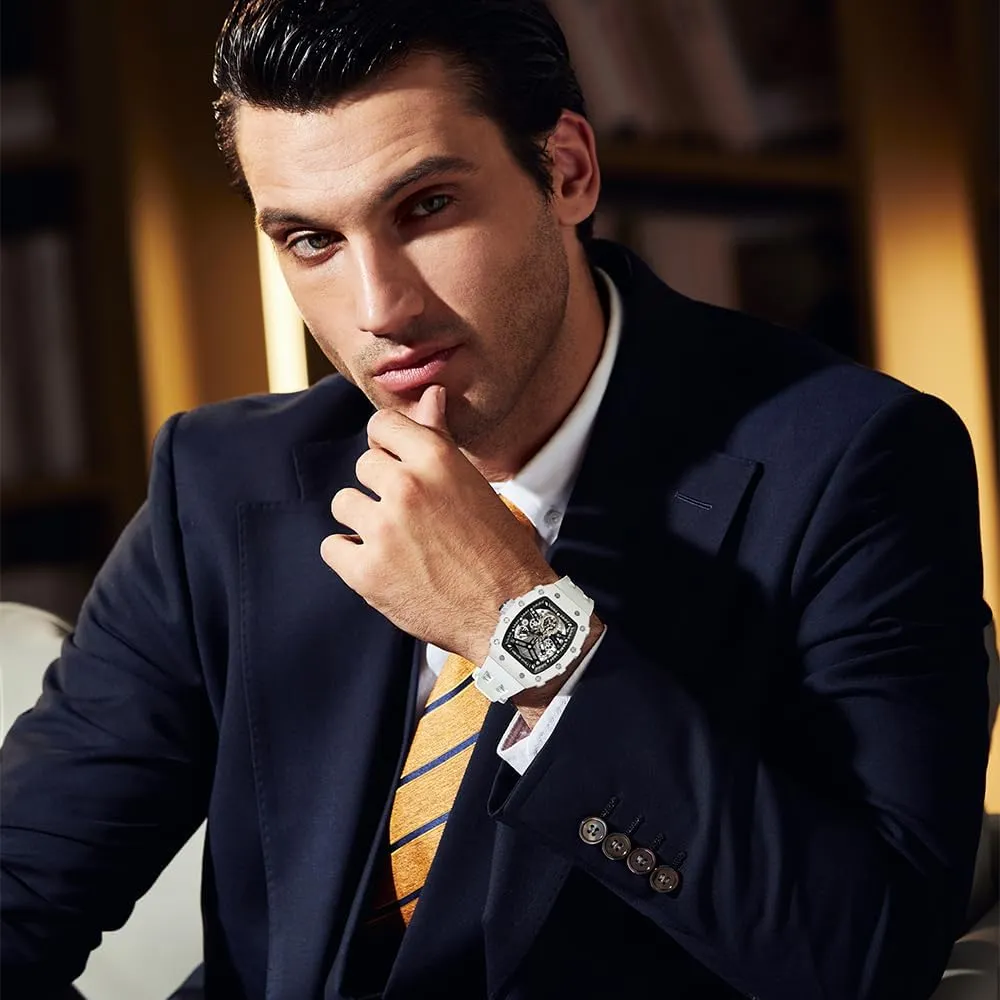 Men's Automatic Watch Tonneau Luxury Skeleton Watches for Men Mechanical 50M Waterproof Analogue Watches Mens Unique Cool Square Big Face Dial Wristwatch with Silicone Strap Band