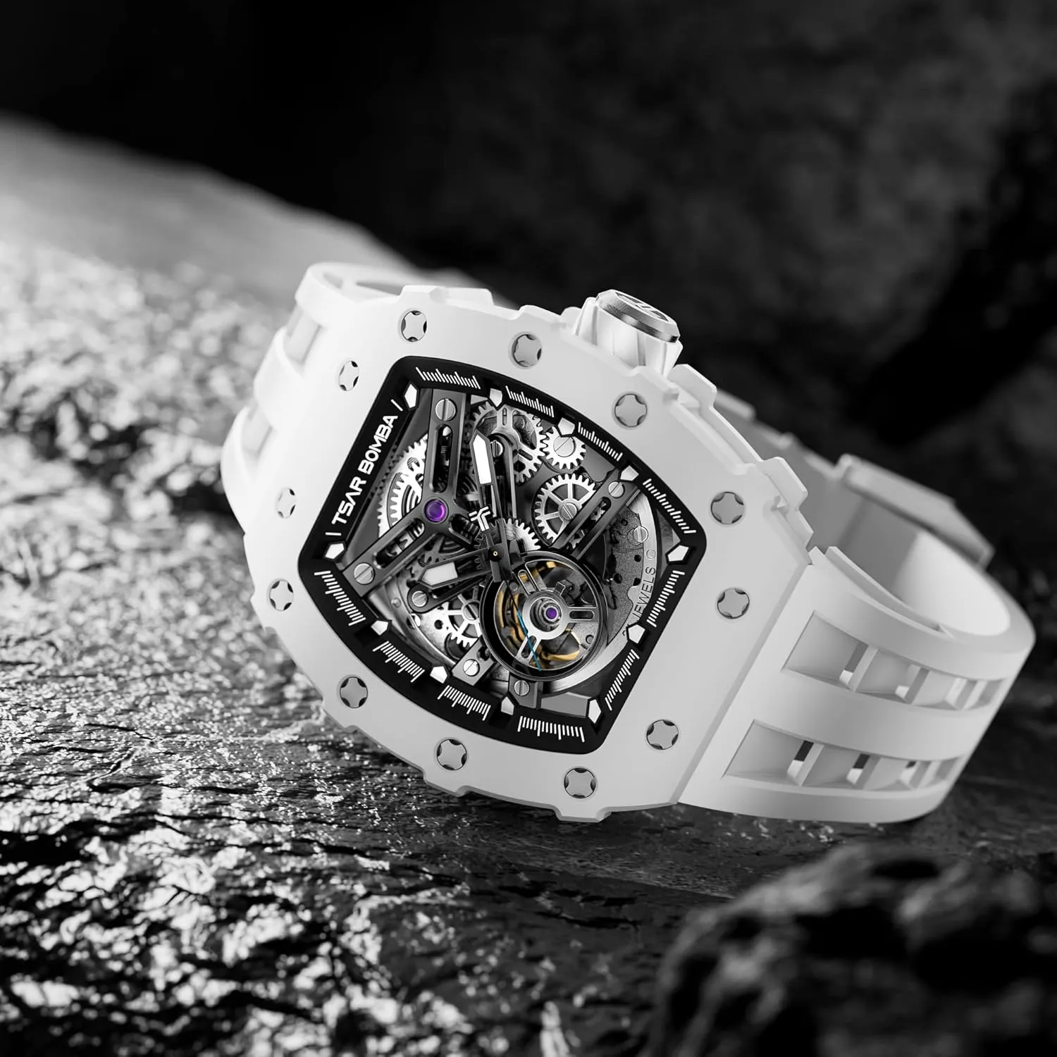 Men's Automatic Watch Tonneau Luxury Skeleton Watches for Men Mechanical 50M Waterproof Analogue Watches Mens Unique Cool Square Big Face Dial Wristwatch with Silicone Strap Band