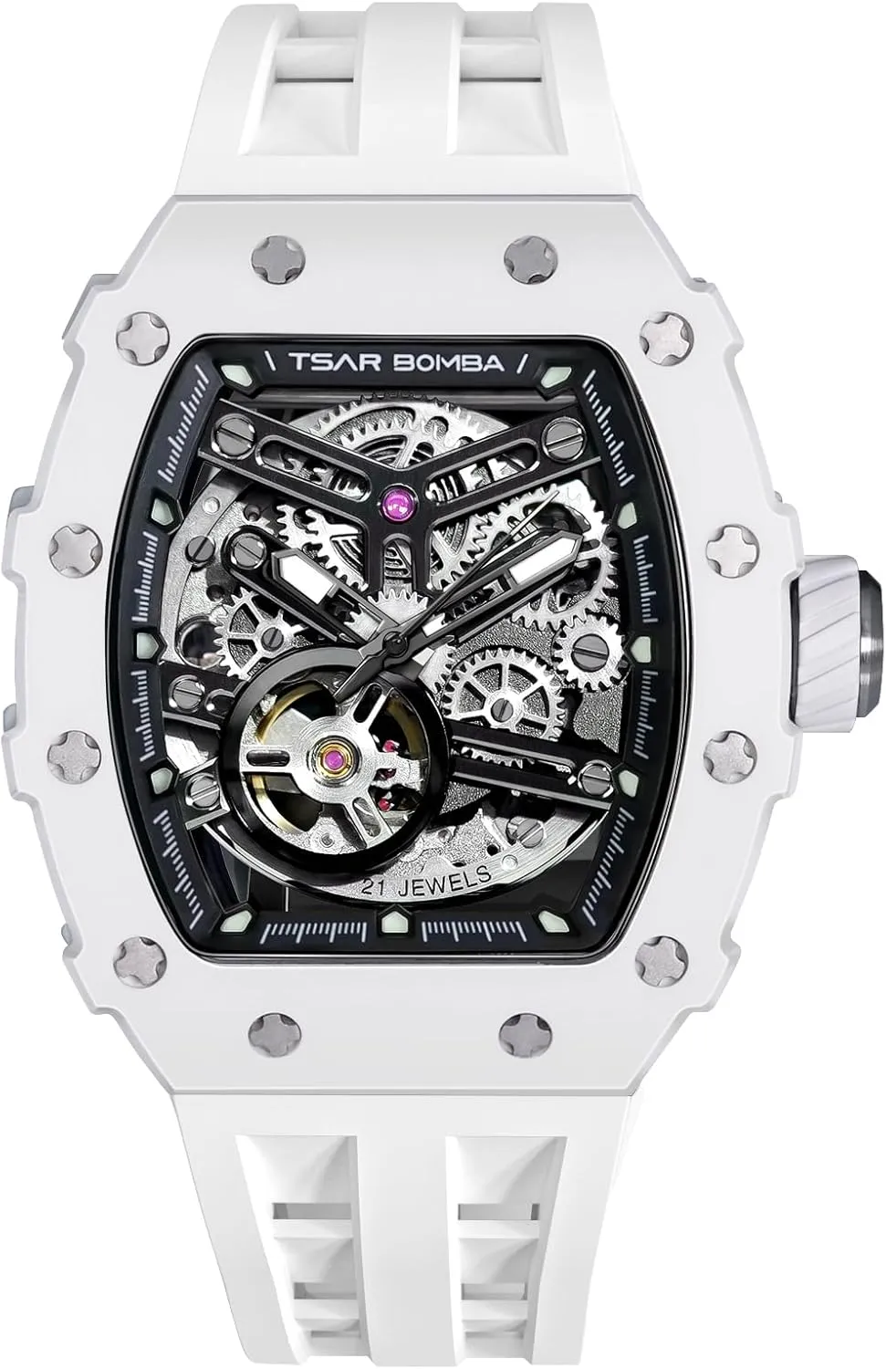 Men's Automatic Watch Tonneau Luxury Skeleton Watches for Men Mechanical 50M Waterproof Analogue Watches Mens Unique Cool Square Big Face Dial Wristwatch with Silicone Strap Band
