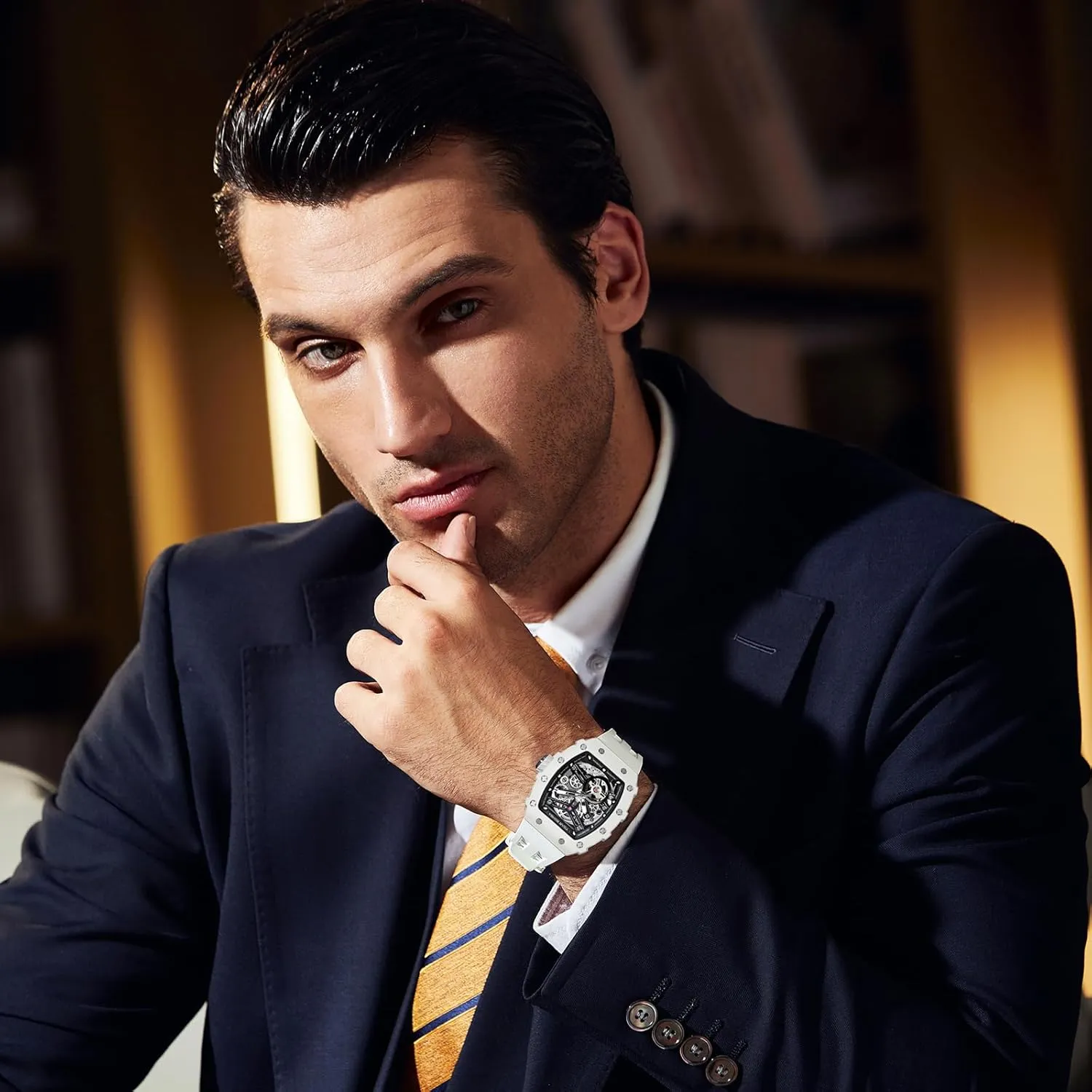 Men's Automatic Watch Tonneau Luxury Skeleton Watches for Men Mechanical 50M Waterproof Analogue Watches Mens Unique Cool Square Big Face Dial Wristwatch with Silicone Strap Band