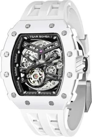 Men's Automatic Watch Tonneau Luxury Skeleton Watches for Men Mechanical 50M Waterproof Analogue Watches Mens Unique Cool Square Big Face Dial Wristwatch with Silicone Strap Band