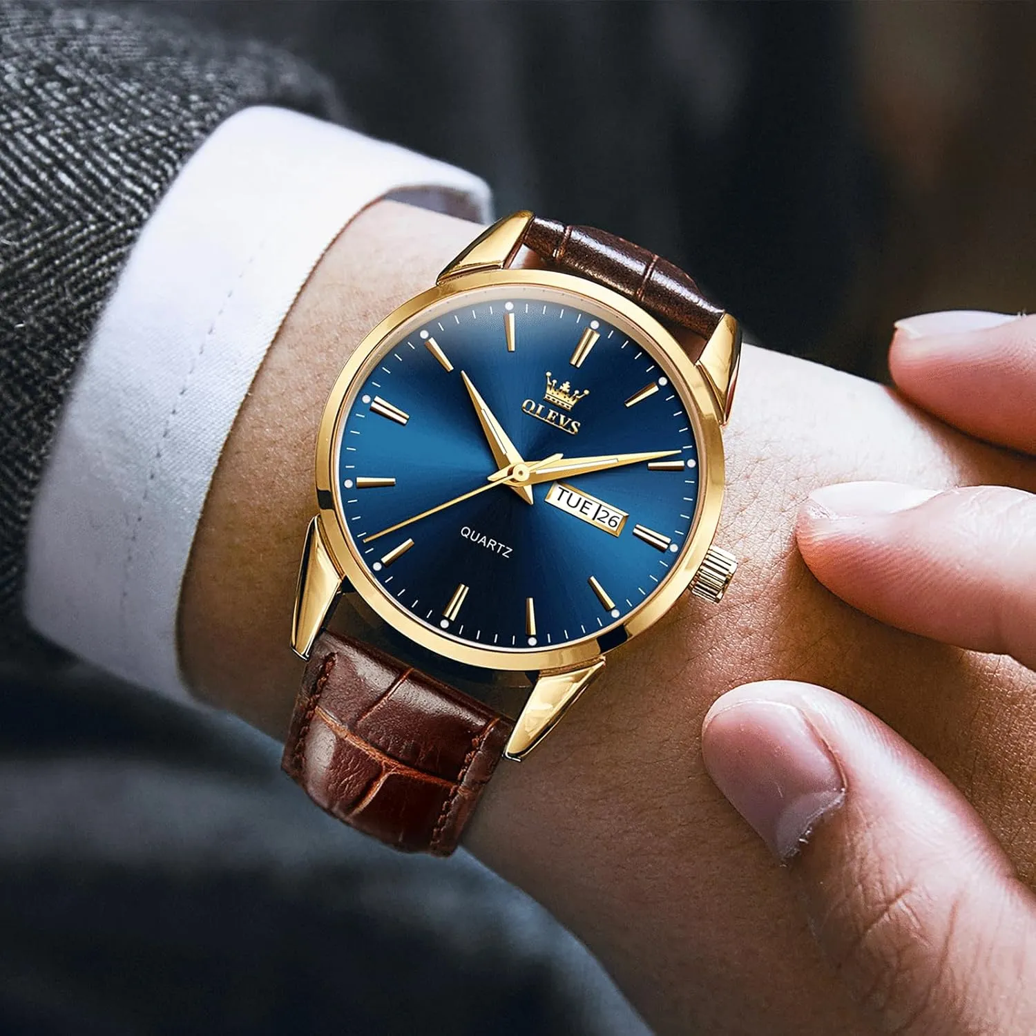 Men's Casual Leather Watch, Easy to Read Analog Dress Watch, Gold Silver Black Tone 3-Hand Quartz, Classic Waterproof Luminous Day Date Wrist Watch