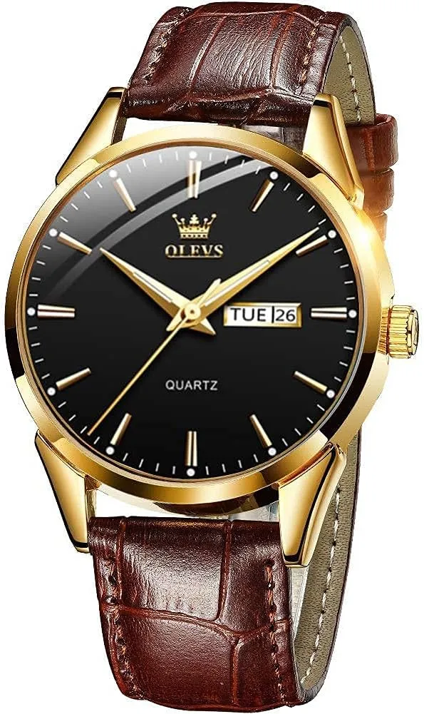 Men's Casual Leather Watch, Easy to Read Analog Dress Watch, Gold Silver Black Tone 3-Hand Quartz, Classic Waterproof Luminous Day Date Wrist Watch