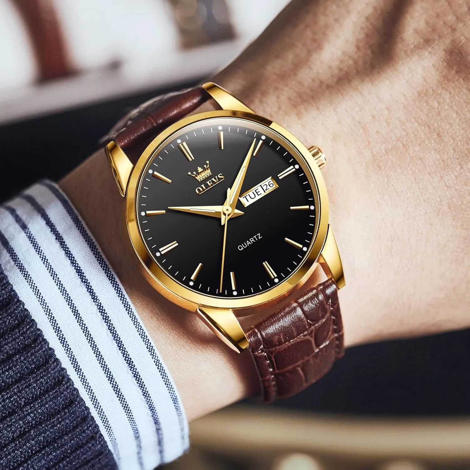 Men's Casual Leather Watch, Easy to Read Analog Dress Watch, Gold Silver Black Tone 3-Hand Quartz, Classic Waterproof Luminous Day Date Wrist Watch