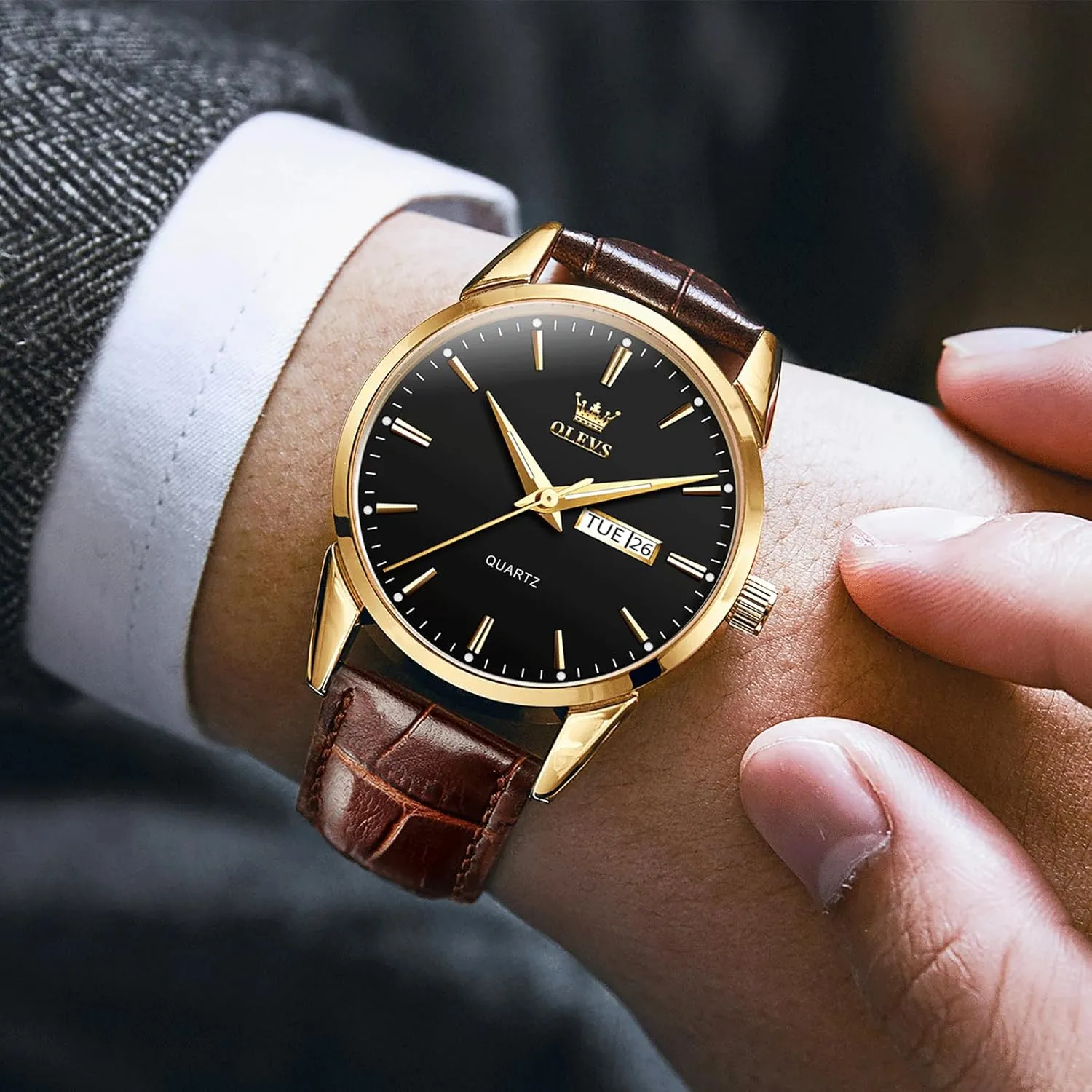 Men's Casual Leather Watch, Easy to Read Analog Dress Watch, Gold Silver Black Tone 3-Hand Quartz, Classic Waterproof Luminous Day Date Wrist Watch
