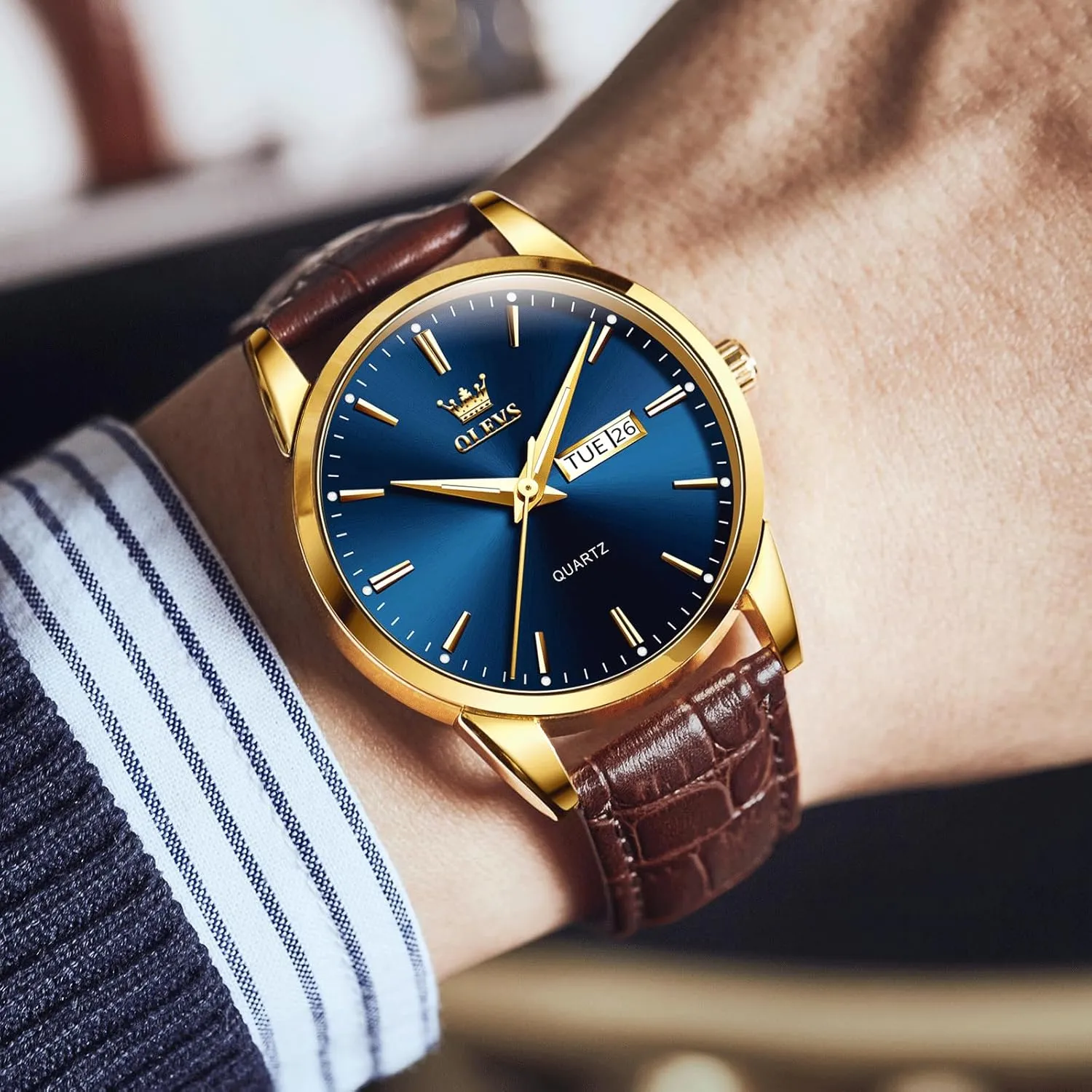 Men's Casual Leather Watch, Easy to Read Analog Dress Watch, Gold Silver Black Tone 3-Hand Quartz, Classic Waterproof Luminous Day Date Wrist Watch