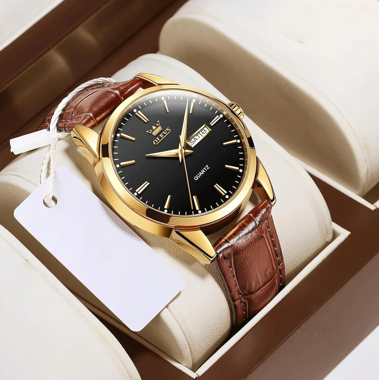 Men's Casual Leather Watch, Easy to Read Analog Dress Watch, Gold Silver Black Tone 3-Hand Quartz, Classic Waterproof Luminous Day Date Wrist Watch