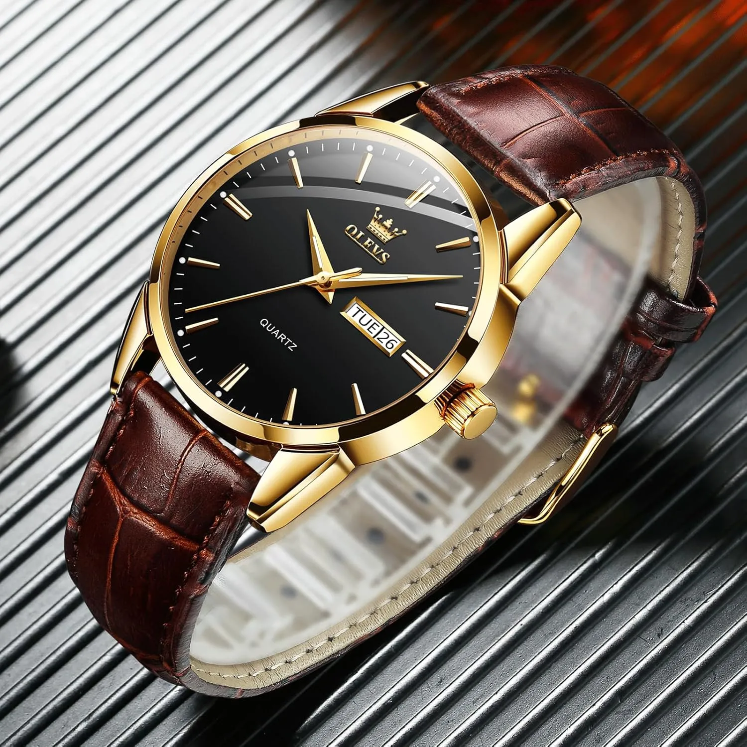Men's Casual Leather Watch, Easy to Read Analog Dress Watch, Gold Silver Black Tone 3-Hand Quartz, Classic Waterproof Luminous Day Date Wrist Watch