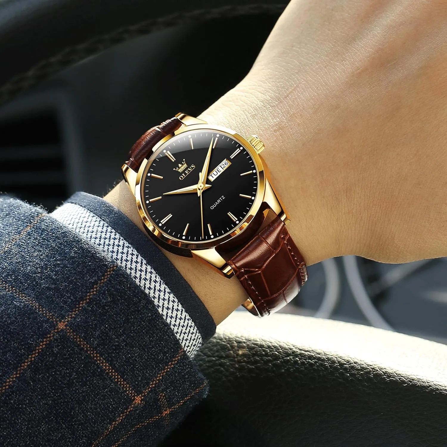 Men's Casual Leather Watch, Easy to Read Analog Dress Watch, Gold Silver Black Tone 3-Hand Quartz, Classic Waterproof Luminous Day Date Wrist Watch