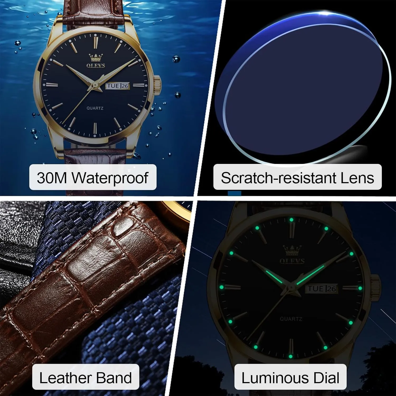 Men's Casual Leather Watch, Easy to Read Analog Dress Watch, Gold Silver Black Tone 3-Hand Quartz, Classic Waterproof Luminous Day Date Wrist Watch