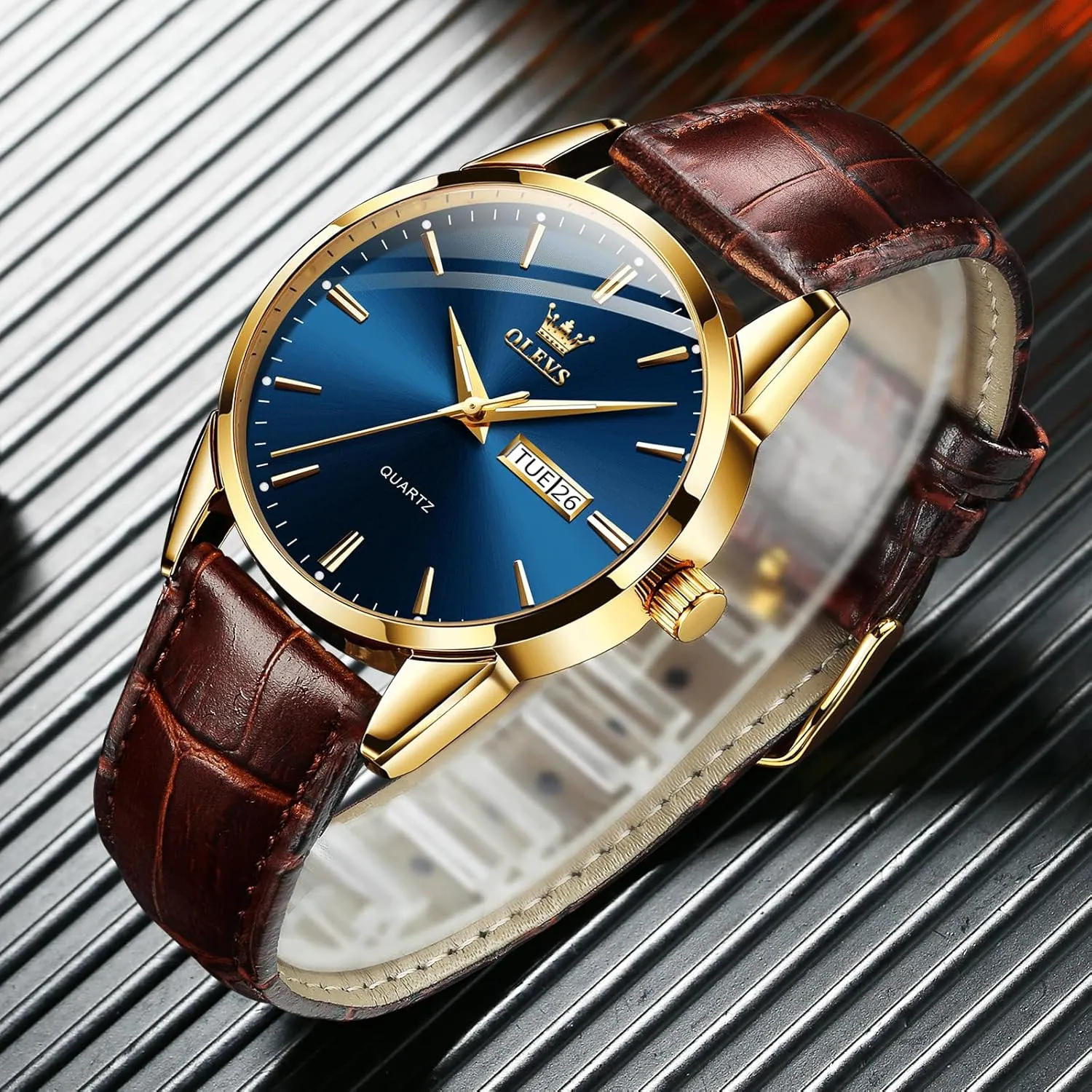 Men's Casual Leather Watch, Easy to Read Analog Dress Watch, Gold Silver Black Tone 3-Hand Quartz, Classic Waterproof Luminous Day Date Wrist Watch