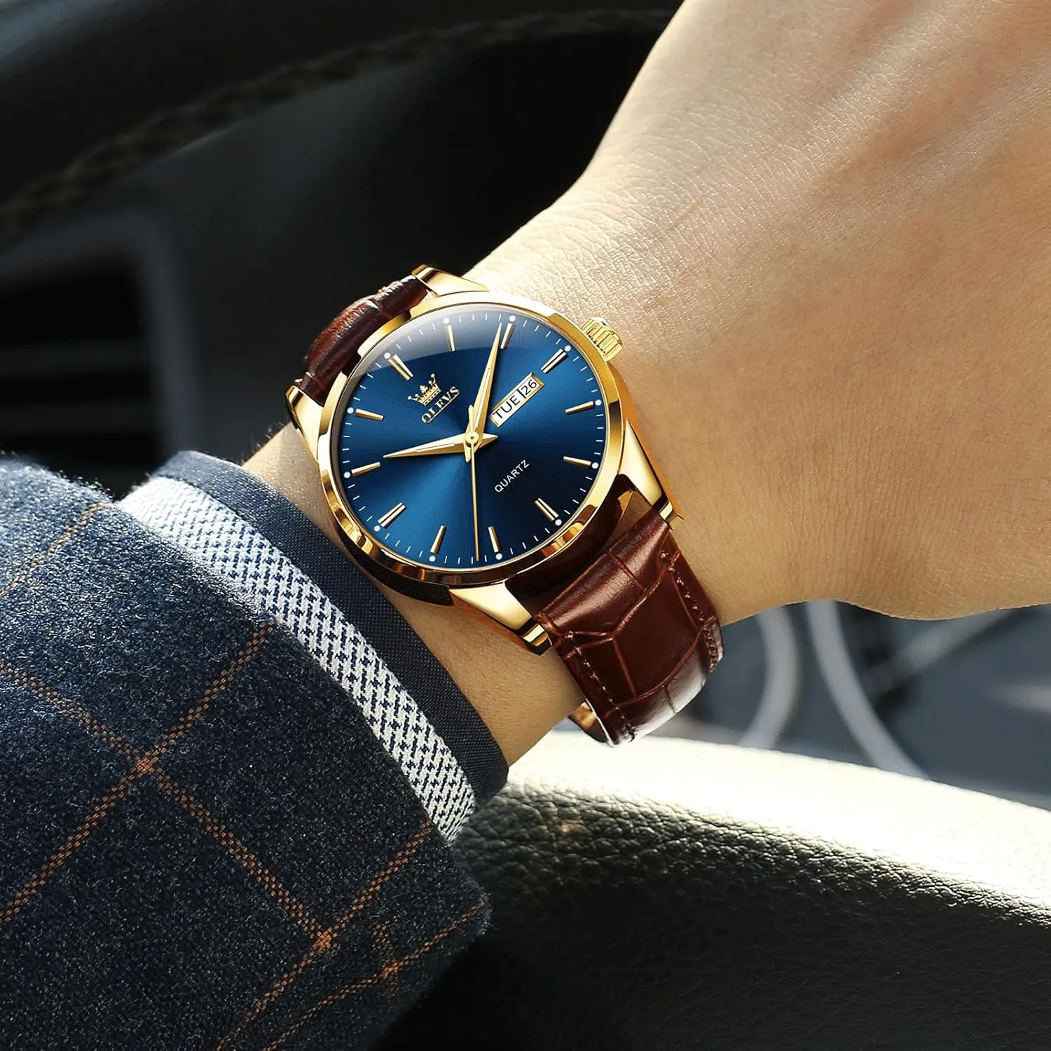 Men's Casual Leather Watch, Easy to Read Analog Dress Watch, Gold Silver Black Tone 3-Hand Quartz, Classic Waterproof Luminous Day Date Wrist Watch