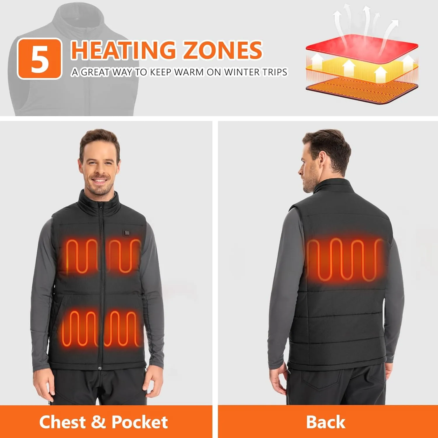 Men's Heated Vest Water-resistant USB Rechargeable Washable Electric Winter Heating Vests (Battery Pack Not Included)