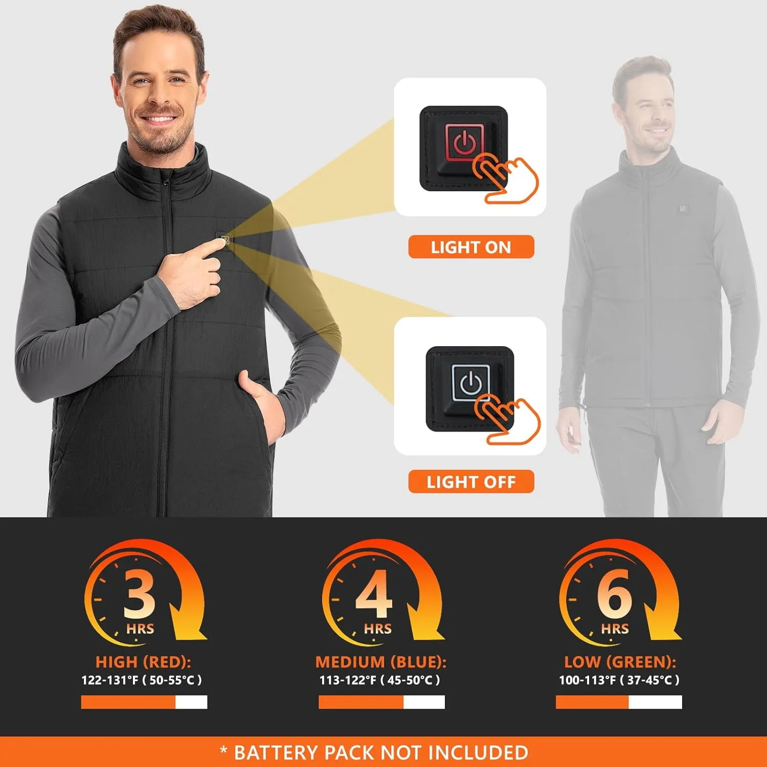 Men's Heated Vest Water-resistant USB Rechargeable Washable Electric Winter Heating Vests (Battery Pack Not Included)
