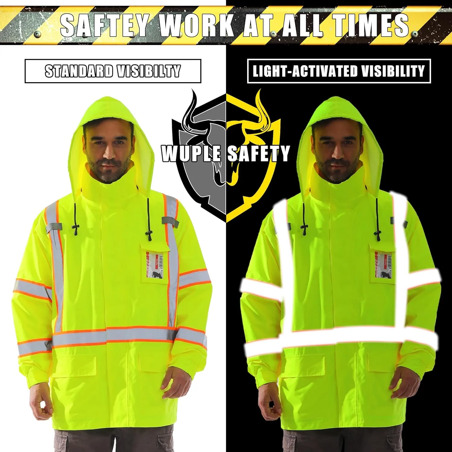 Men's Hi Vis Rain Jacket & Safety Rain Coat Waterproof Lightweight with Hood, Class 3 Reflective Adult Yellow Work Rain Jacket (2XL/3XL)