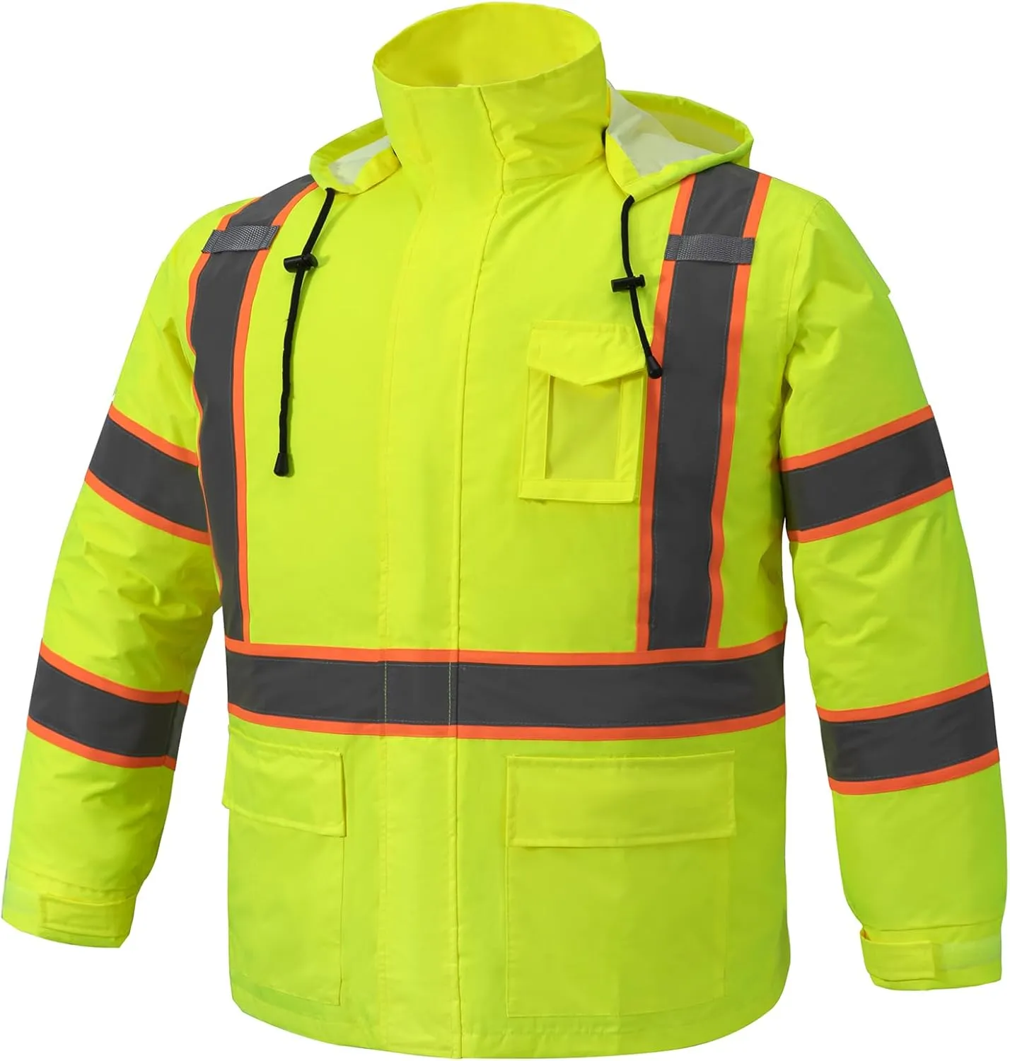 Men's Hi Vis Rain Jacket & Safety Rain Coat Waterproof Lightweight with Hood, Class 3 Reflective Adult Yellow Work Rain Jacket (2XL/3XL)
