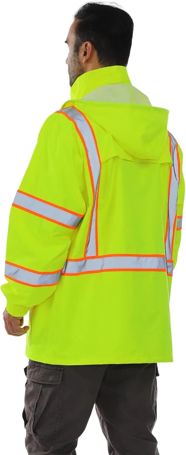 Men's Hi Vis Rain Jacket & Safety Rain Coat Waterproof Lightweight with Hood, Class 3 Reflective Adult Yellow Work Rain Jacket (2XL/3XL)